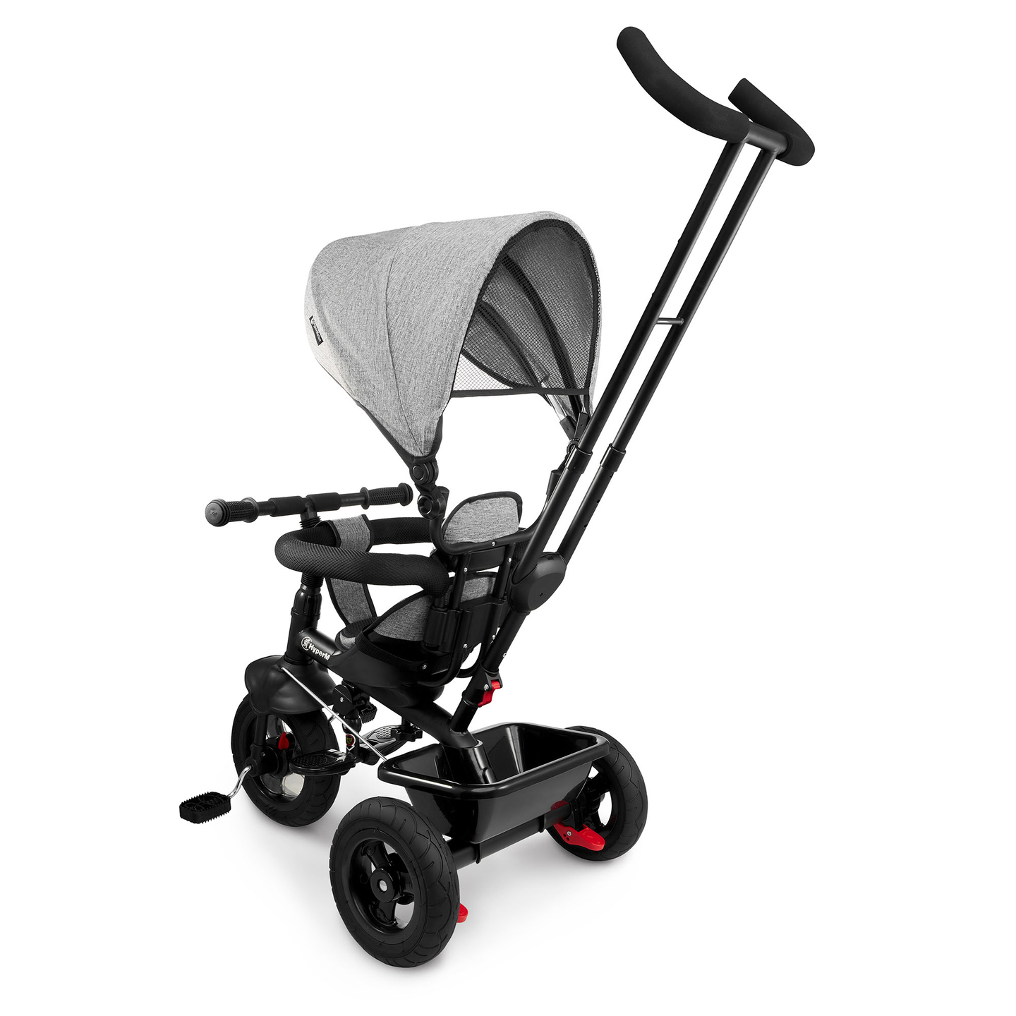 Triratukas 1-4 metų vaikams - TOBI FREY - pilka spalva - pasukamas - pompiniai ratai + stūmiklis