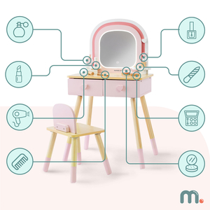 Medinis vaikiškas tualetinis staliukas su LED apšvietimu ir sklandžiu ryškumo reguliavimu, kėdute ir aksesuarais