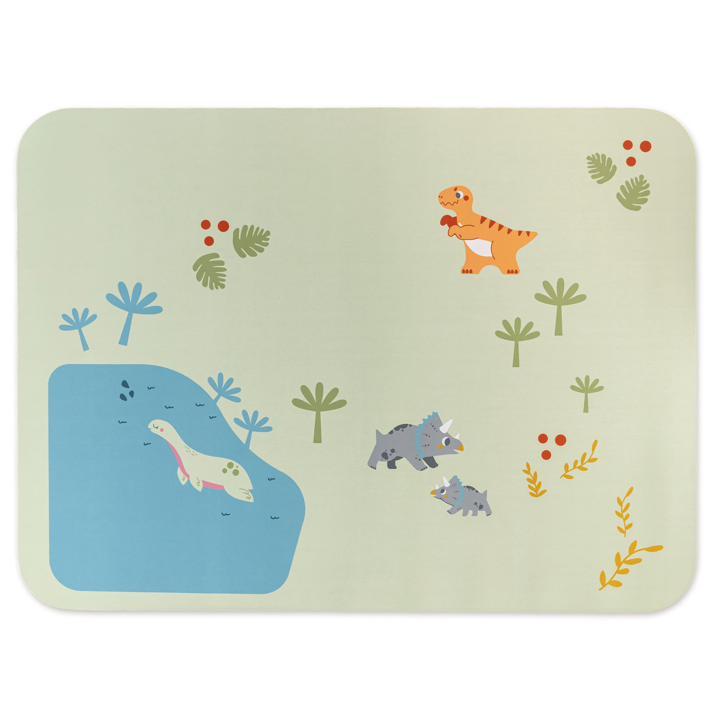 Dino parko medinis traukinukas su neslystančiu kilimėliu - dinozaurai, traukinukas, bėgiai, ugnikalnis, varpas