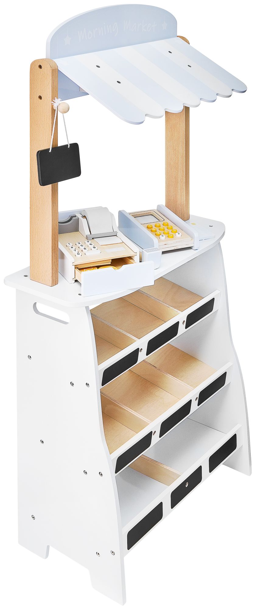 Daržovių parduotuvė - medinis prekystalis su dėžėmis, kasos aparatu ir terminalu