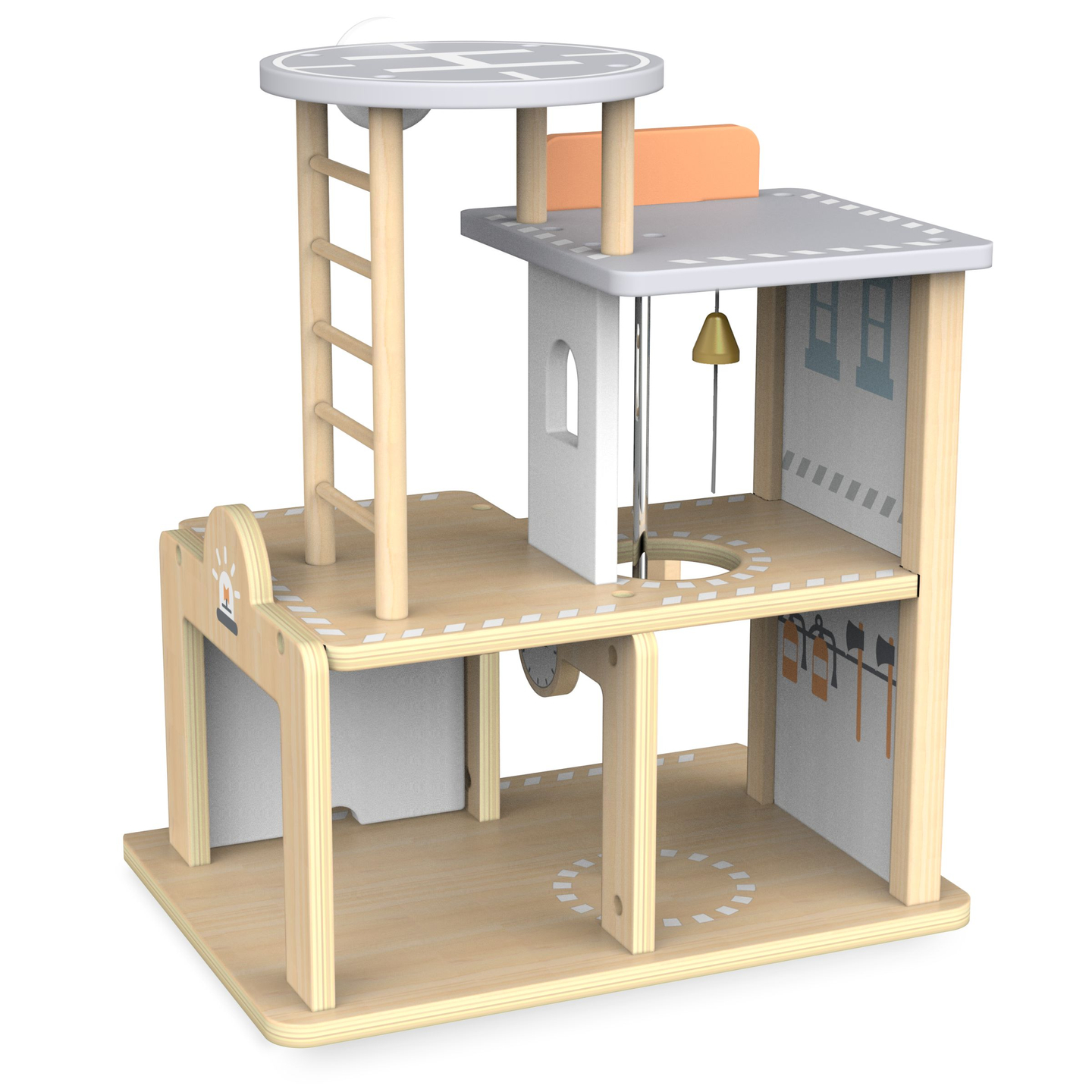 Medinė ugniagesių stotis su priedais, ugniagesių komanda