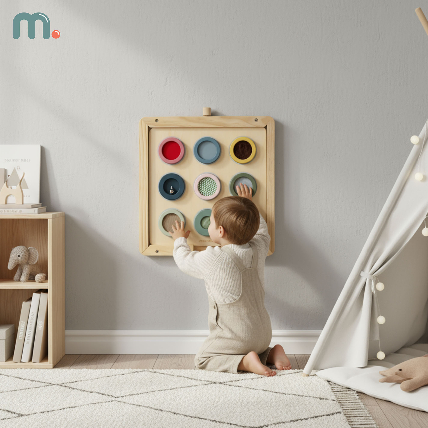 Medinė Montessori sensorinė lenta – 9 tekstūros, skirtos atrasti ir lavinti lytėjimo pojūtį