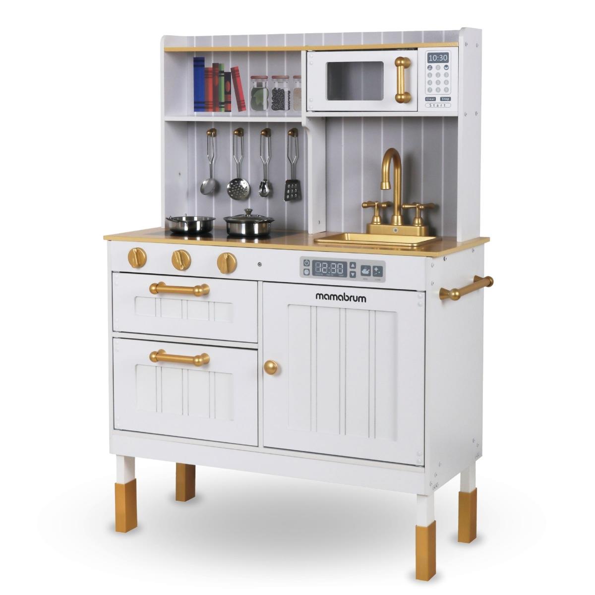 Medinė balta virtuvė su priedais ir prijuoste