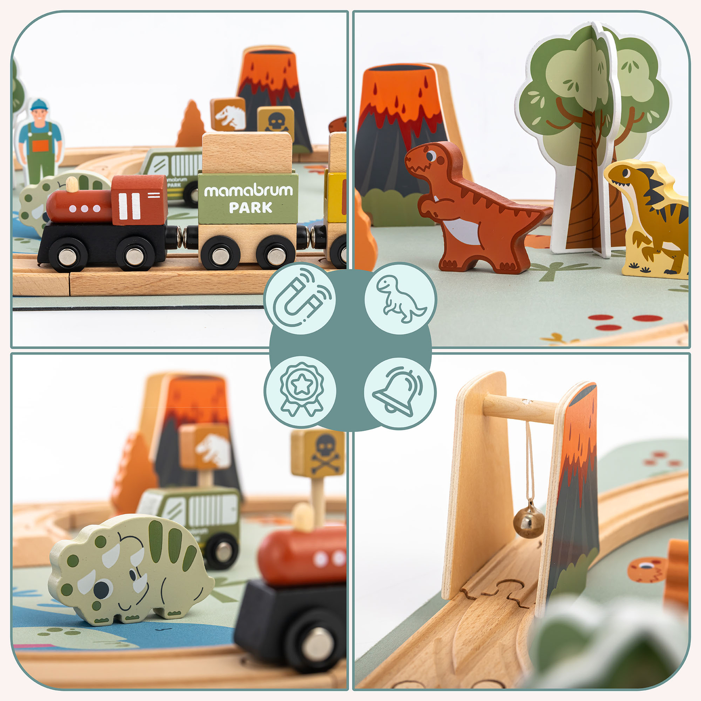 Dino parko medinis traukinukas su neslystančiu kilimėliu - dinozaurai, traukinukas, bėgiai, ugnikalnis, varpas