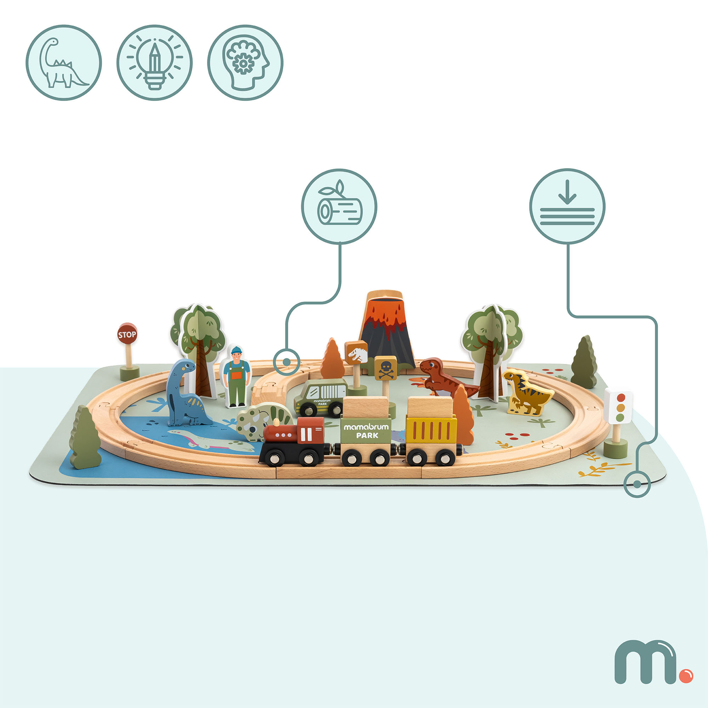 Dino parko medinis traukinukas su neslystančiu kilimėliu - dinozaurai, traukinukas, bėgiai, ugnikalnis, varpas