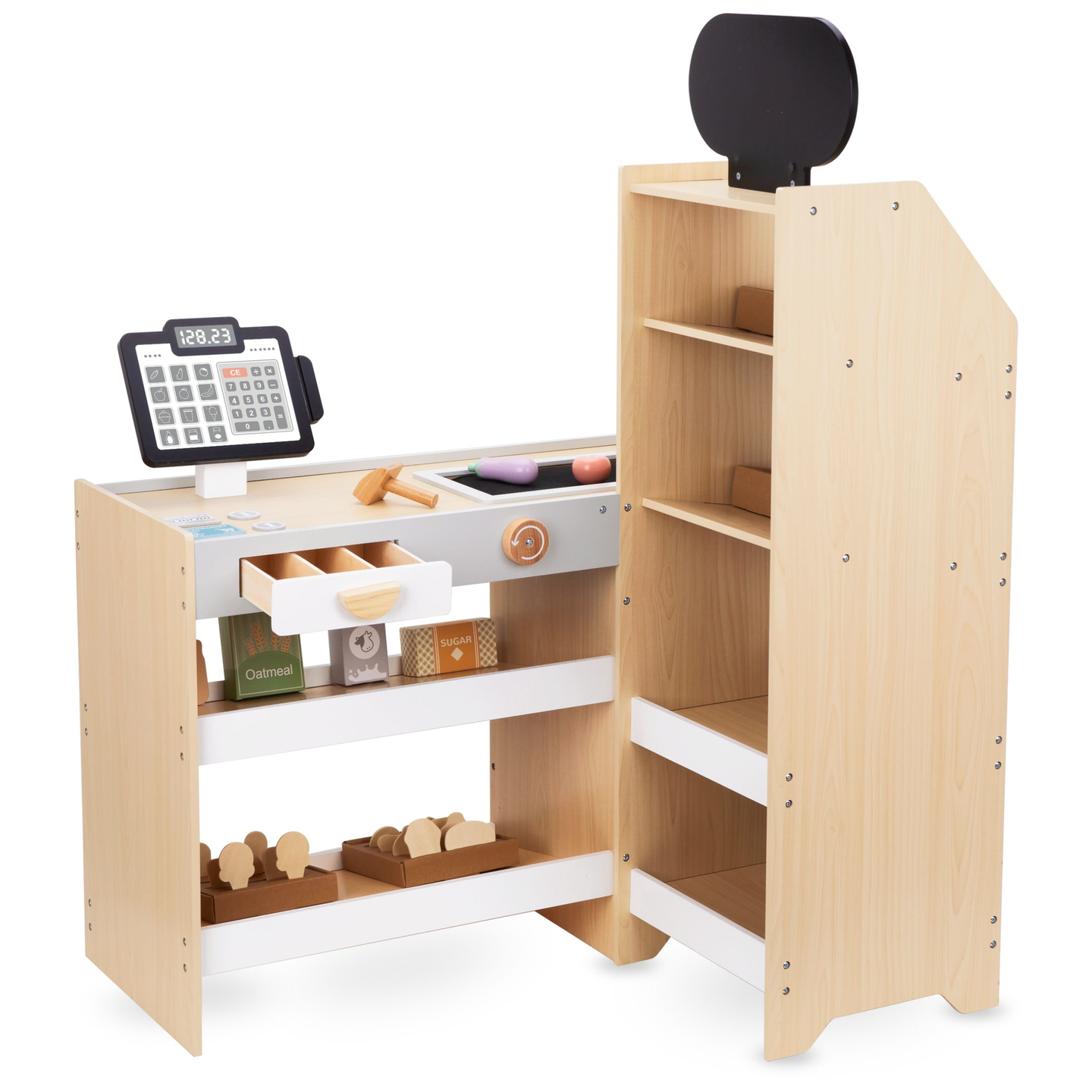 Medinis daržovių turgus - didelis XXL prekystalis, parduotuvė su žaisliniu kasos aparatu