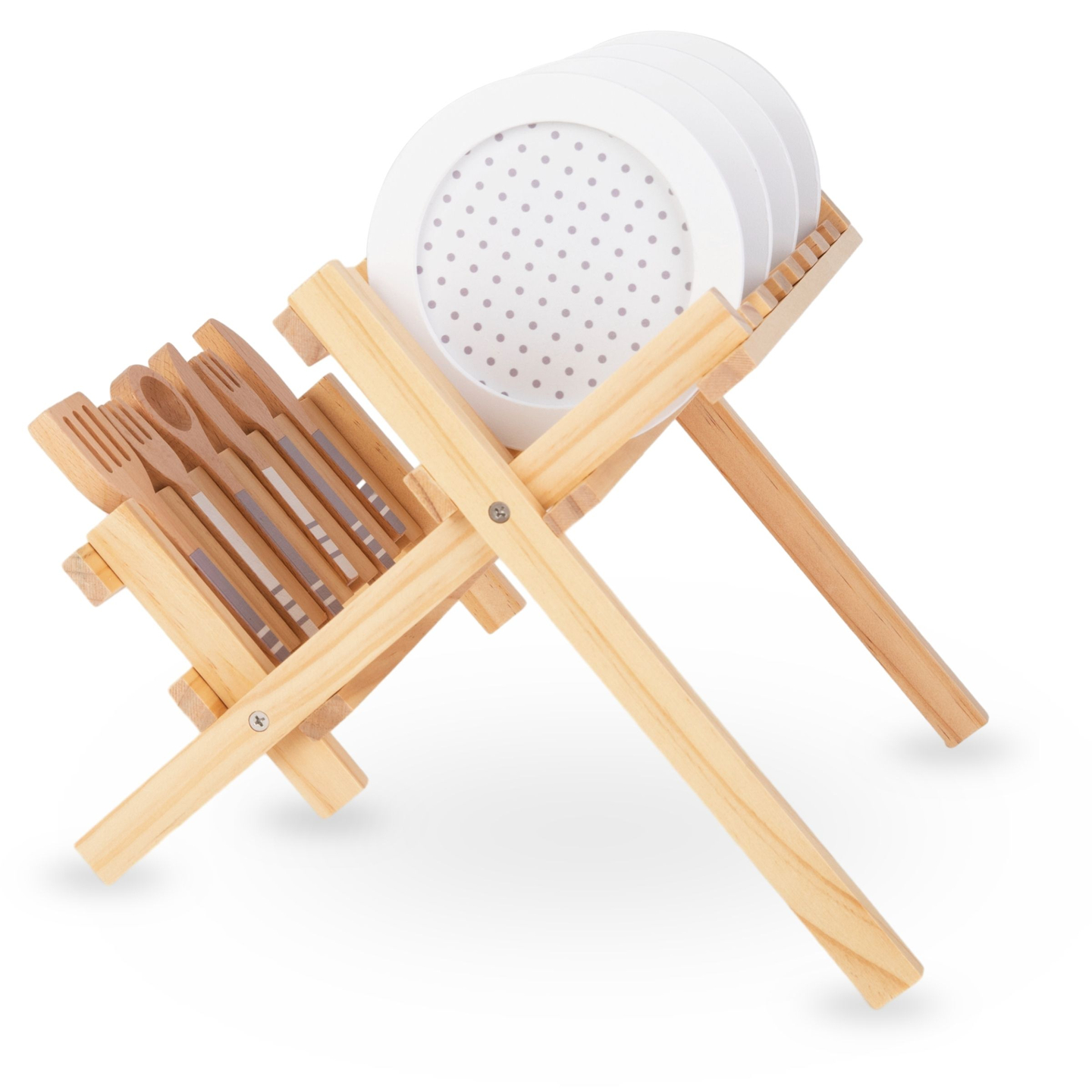 Mediniai virtuvės reikmenys su puodų džiovintuvu - rinkinys vaikams