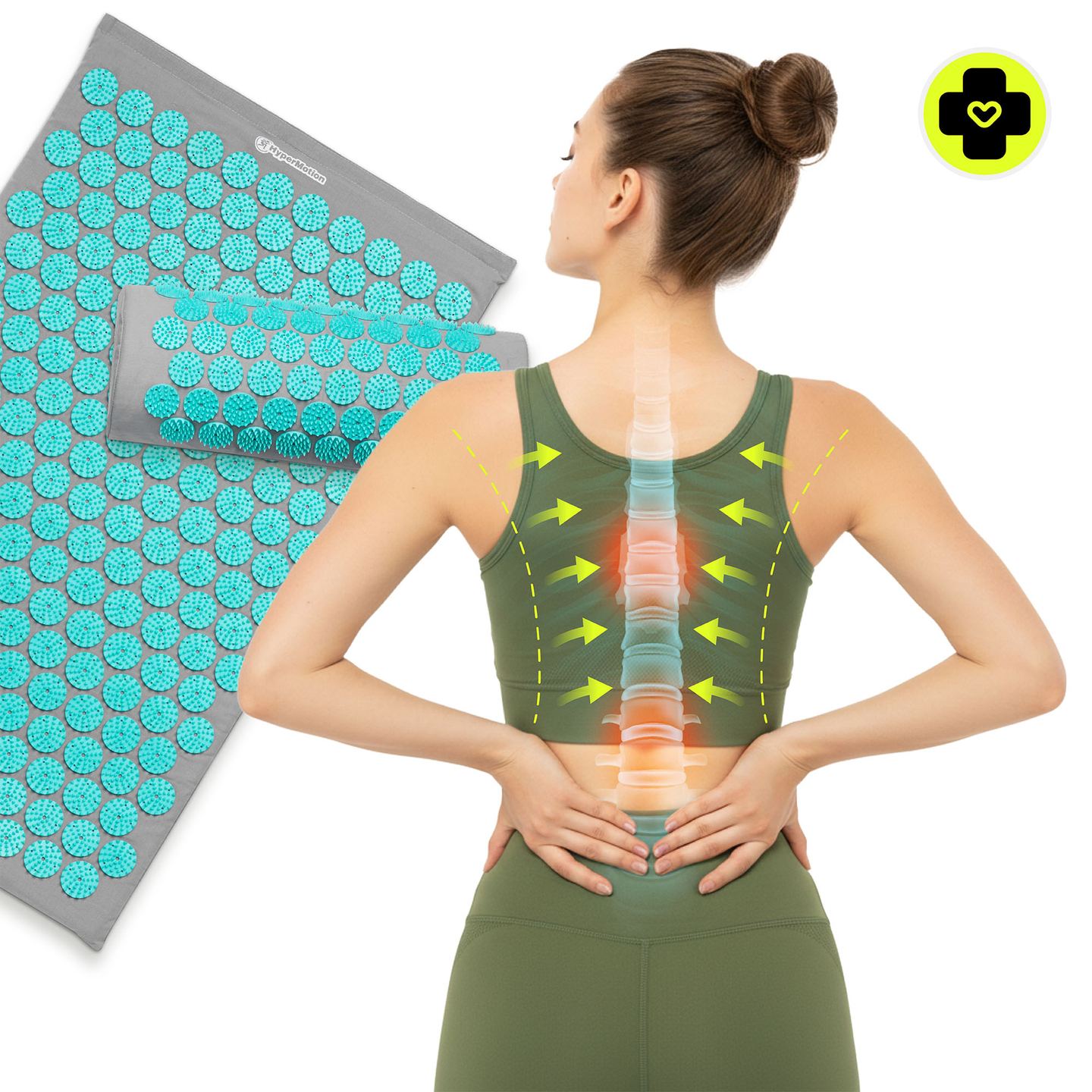 Akupresūros kilimėlis su pagalvėle ir užvalkalu – 72 cm „HyperMotion“ pilkai mėtinis