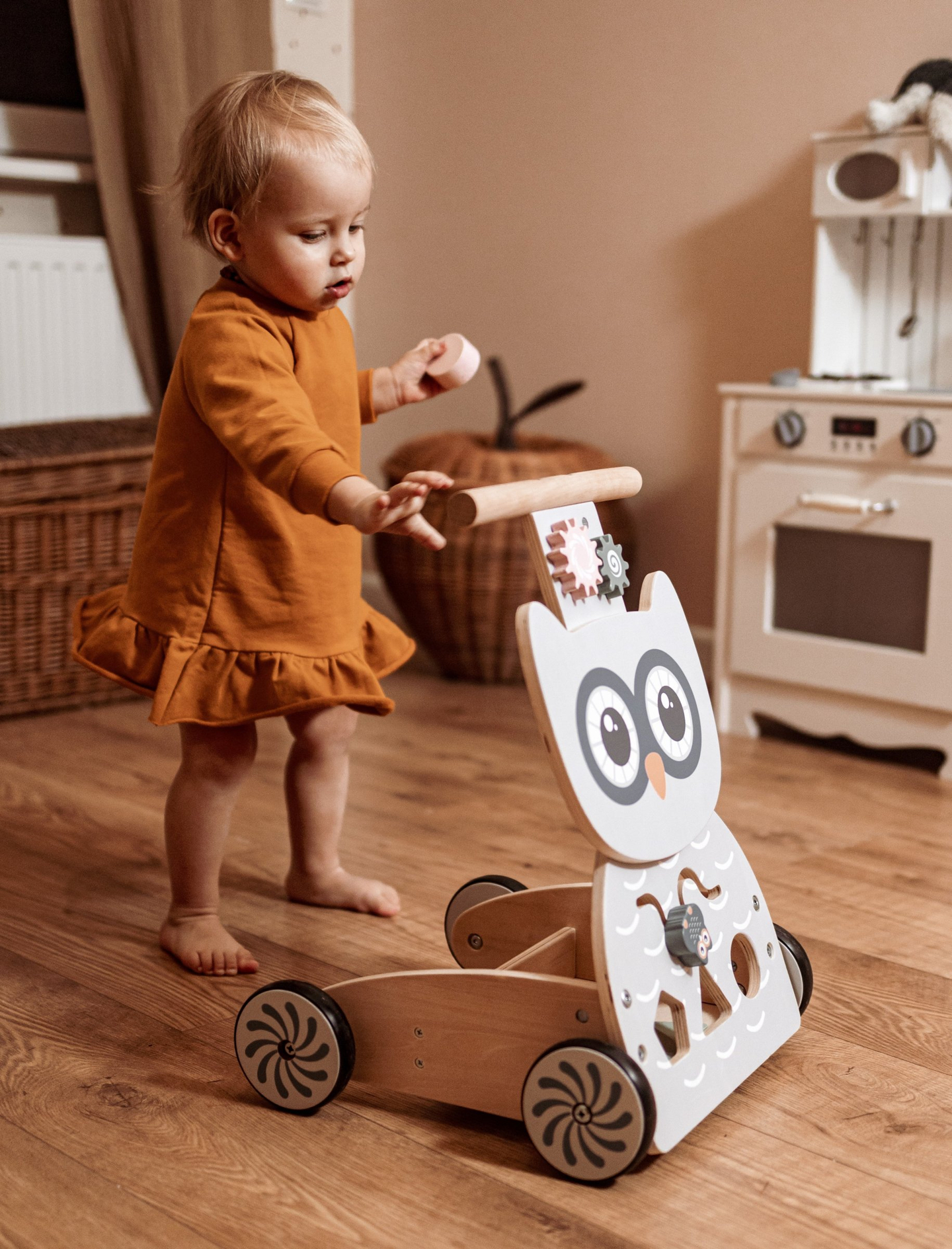 Medinė daugiafunkcinė vaikštynė - stumdukas - vežimėlis su kaladėlėmis - Owl