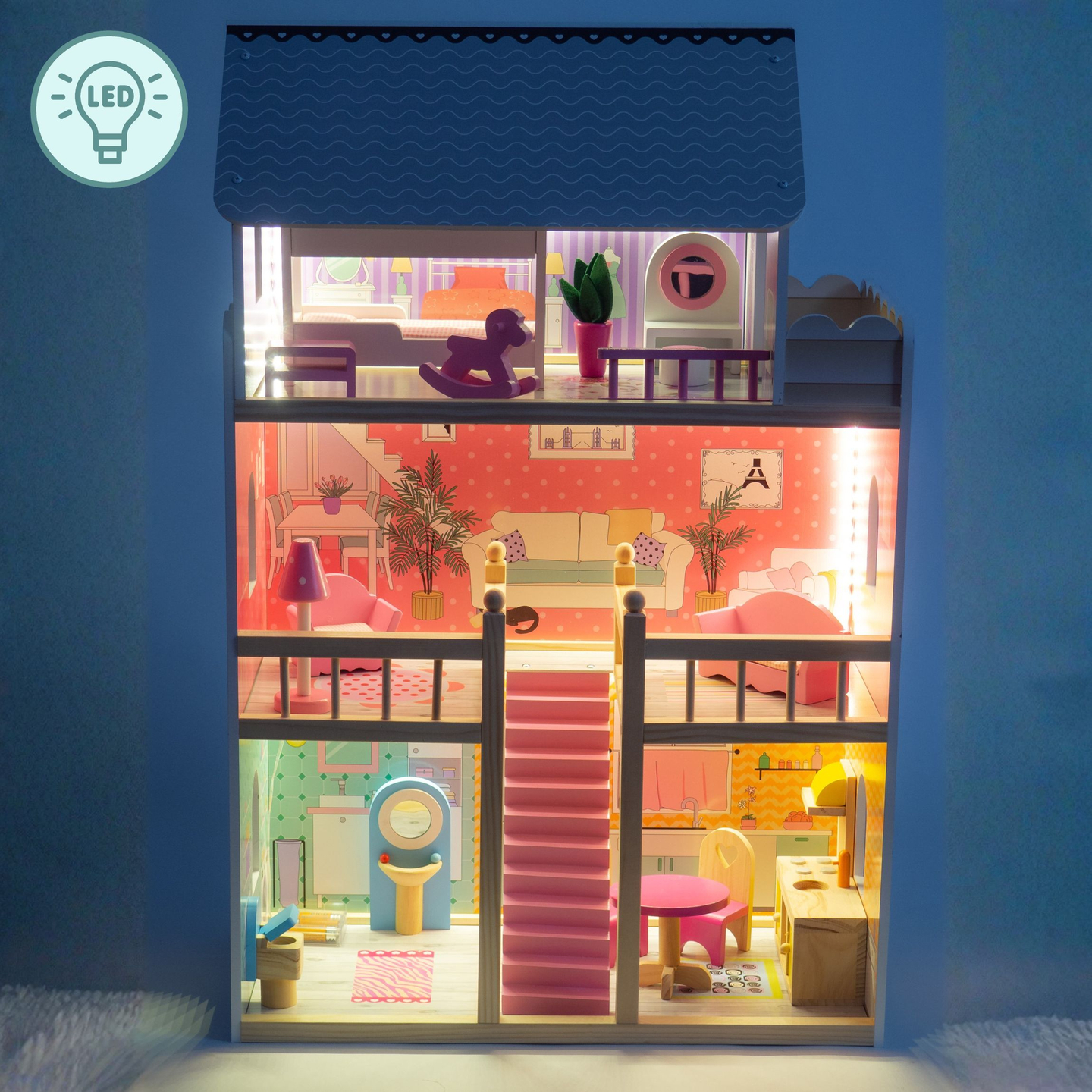 Didelis medinis trijų aukštų lėlių namelis su terasa, baldų komplektu ir LED apšvietimu!