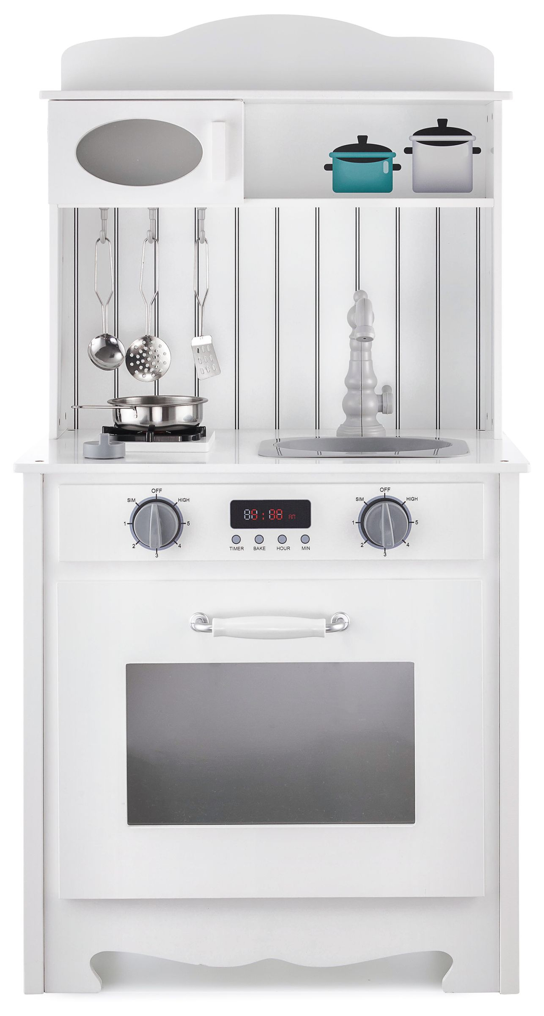 Balta medinė virtuvė su prijuoste, priedais ir LED lempa