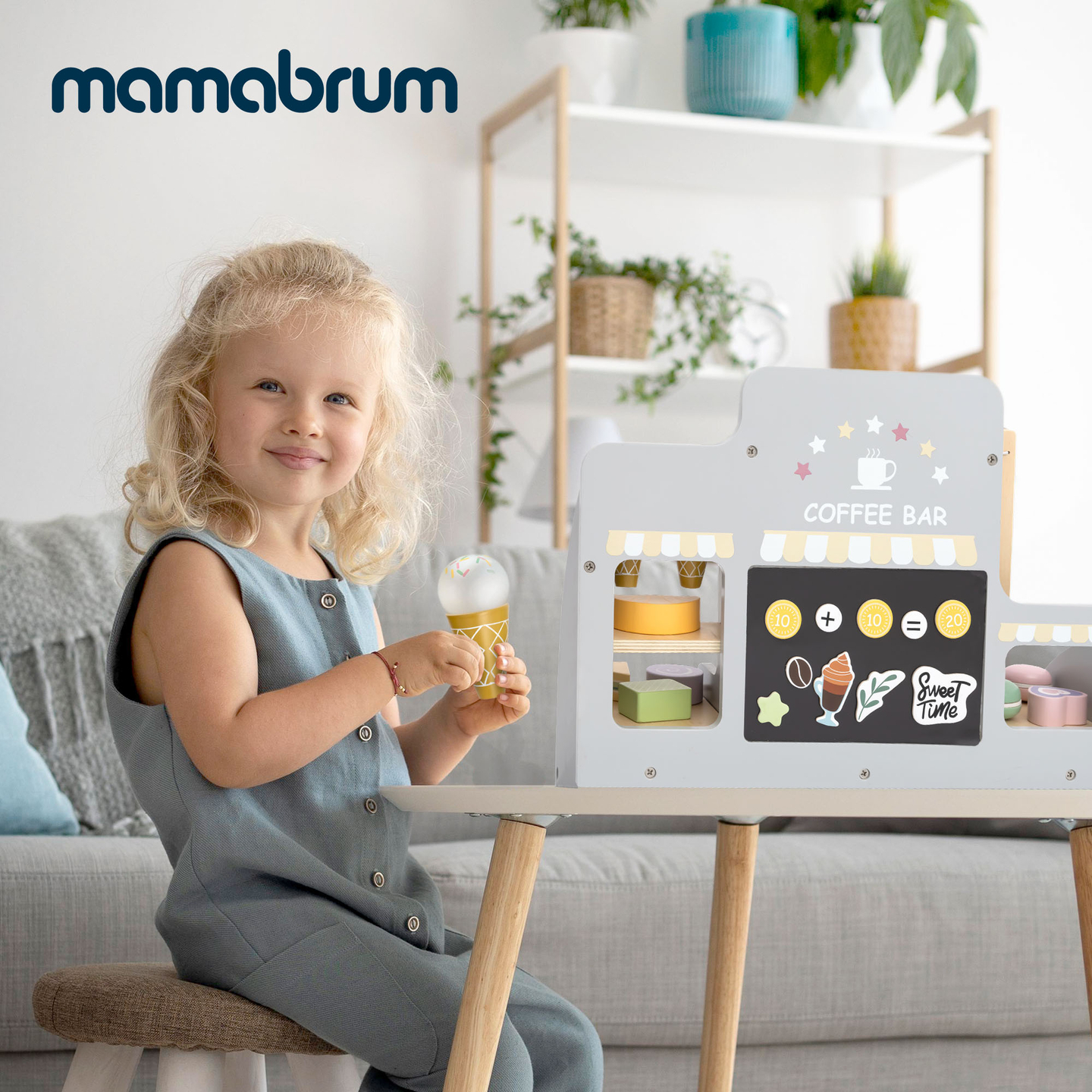 Didelė medinė ledainė su magnetine lenta, kavos aparatu ir ledų bei desertų rinkiniu - daugiau nei 70 detalių!