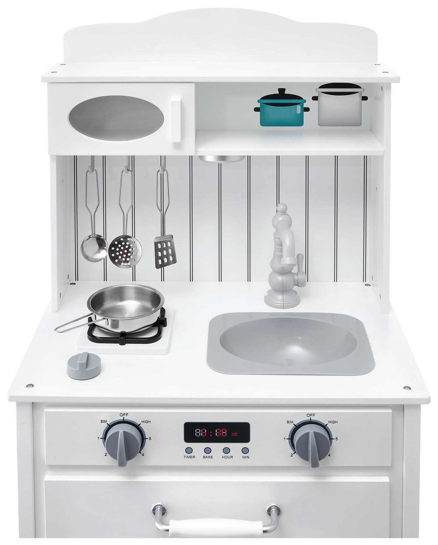 Balta medinė virtuvė su prijuoste, priedais ir LED lempa