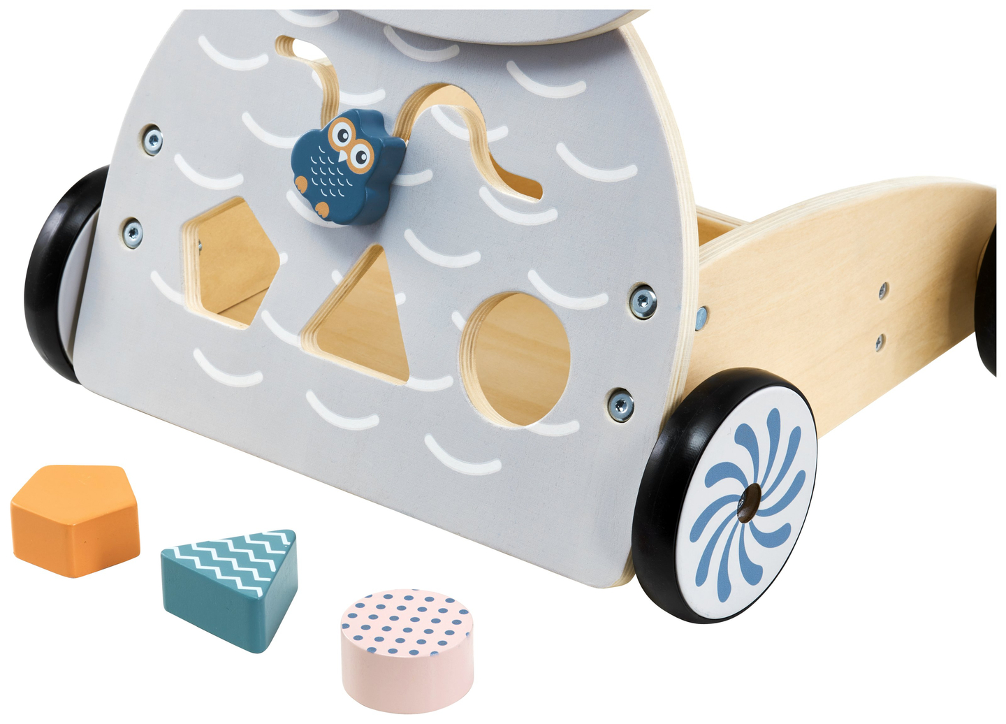 Medinė daugiafunkcinė vaikštynė - stumdukas - vežimėlis su kaladėlėmis - Owl