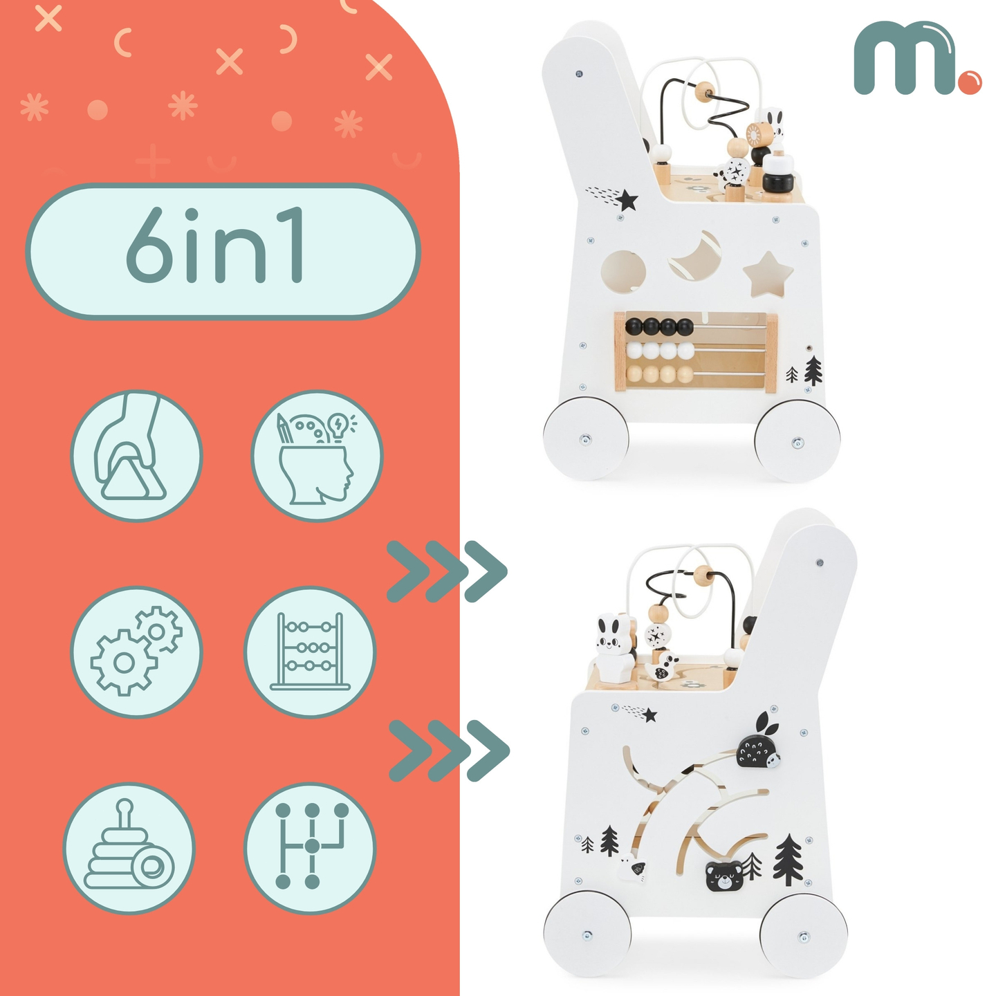 6in1 medinis vežimėlis, vaikštynė su mokomojo stalo funkcija