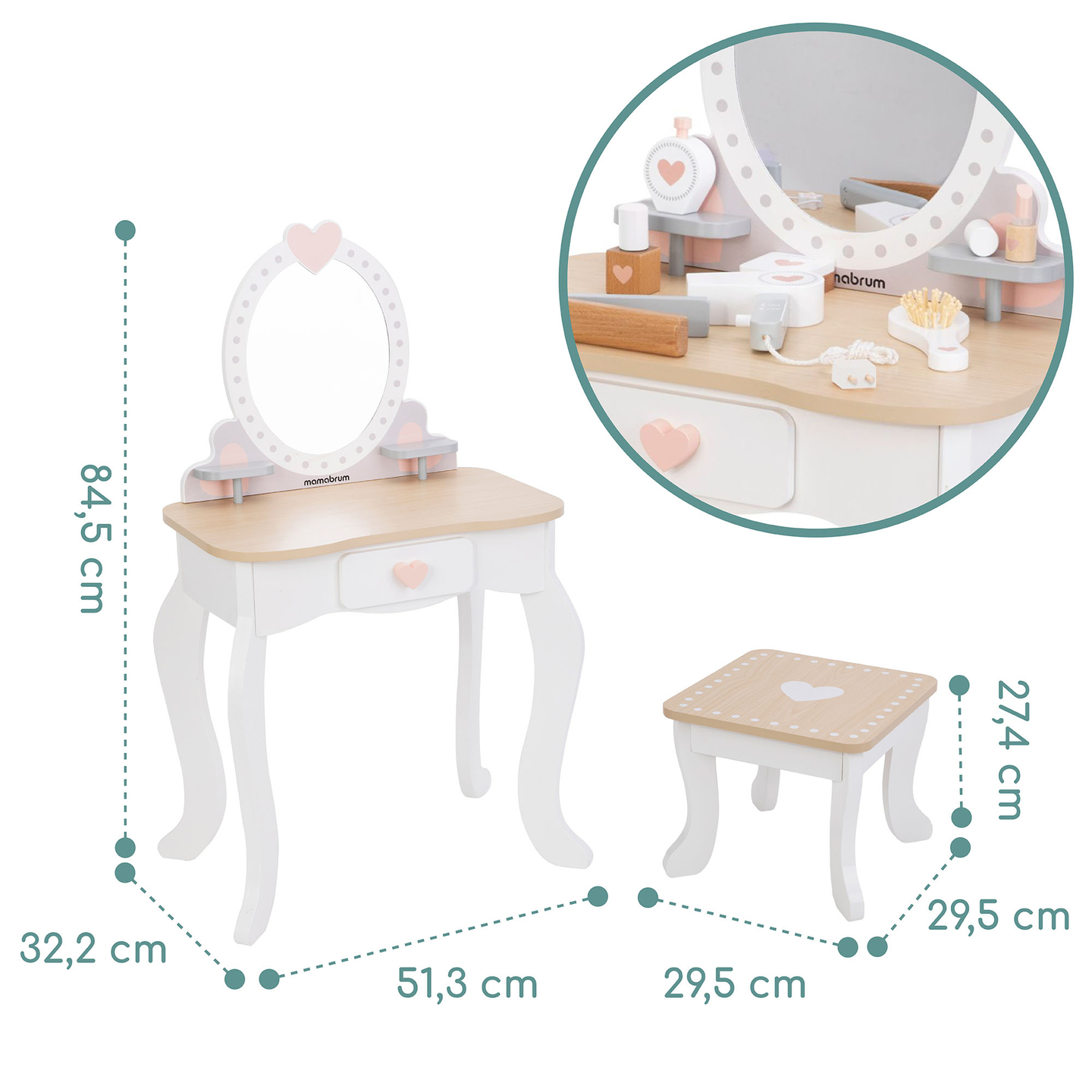 Medinis tualetinis staliukas su taburete ir priedais