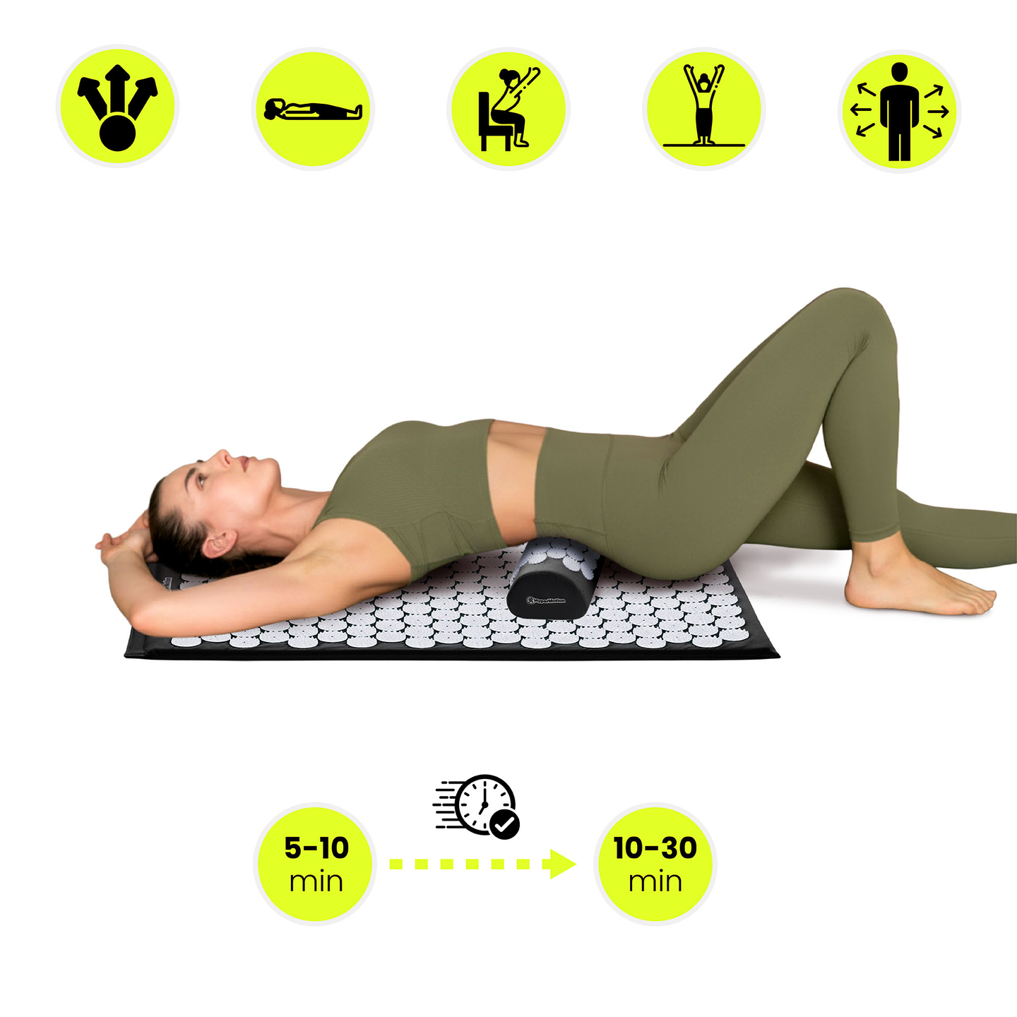 Akupresūros kilimėlis su pagalvėle ir užvalkalu – 72 cm „HyperMotion“ juodos ir baltos spalvos