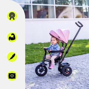 Triratukas 1-4 metų vaikams - TOBI FREY - rožinės spalvos - su pasukamais ratais + stūmiklis