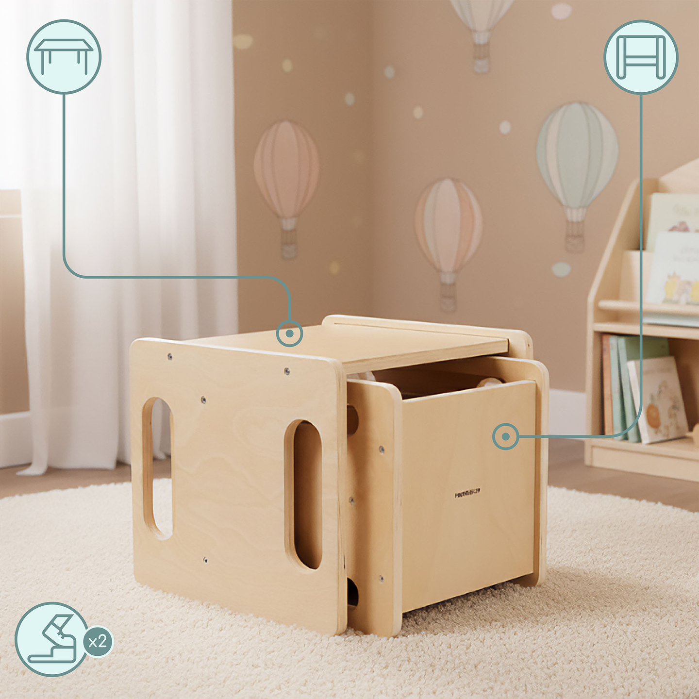 Medinis stalas ir kėdė su akmenuko funkcija – daugiafunkcis Montessori rinkinys vaikams