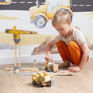 Medinė statybų aikštelė su dideliu mobiliuoju kranu ir transporto priemonėmis, bokštinis kranas