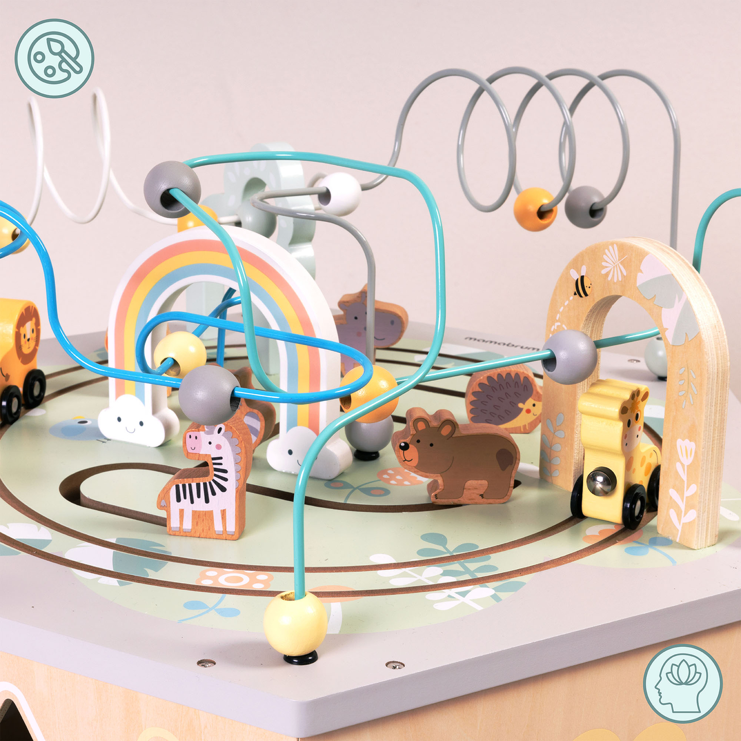 Didelis medinis edukacinis kubas - Montessori žaislas su magnetiniu traukiniu ir variklio kilpomis