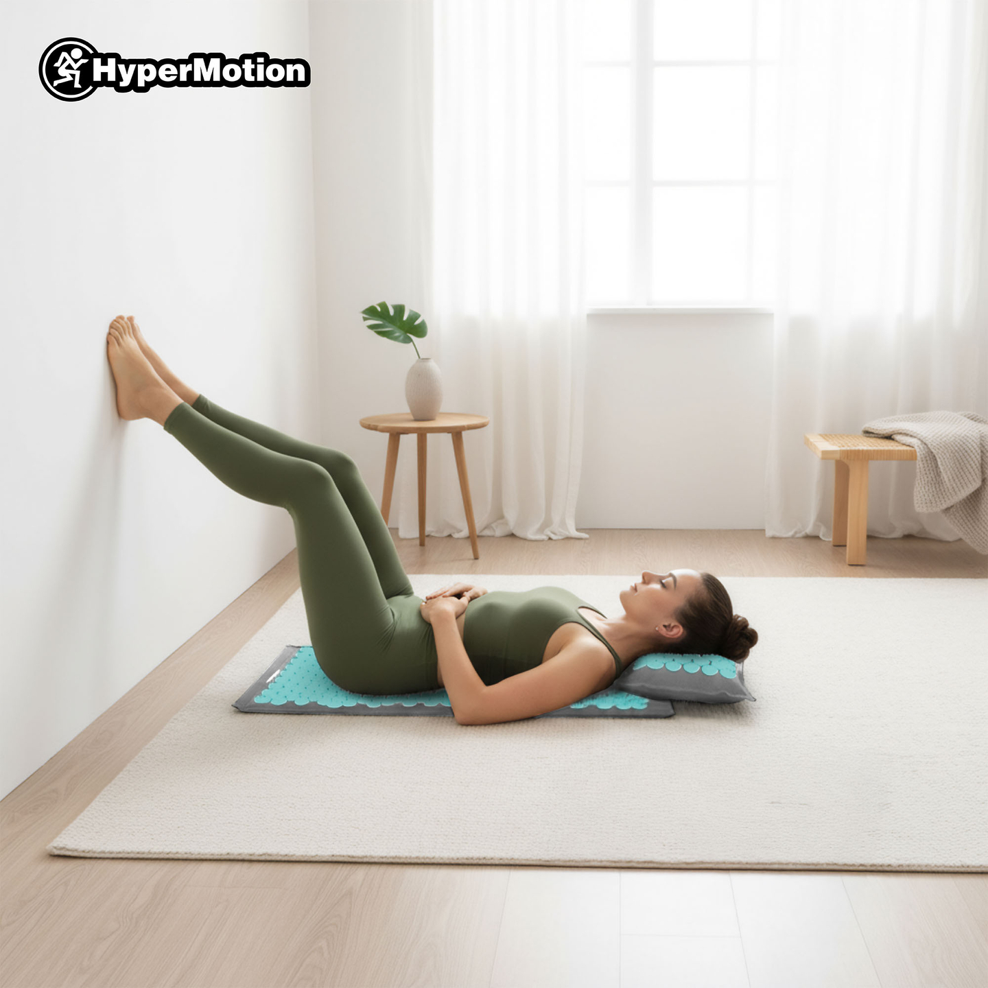 EKO lininis akupresūros kilimėlis su kokosų pluoštu ir grikių pagalvėle – 68 cm „HyperMotion“ pilka-mėtinė