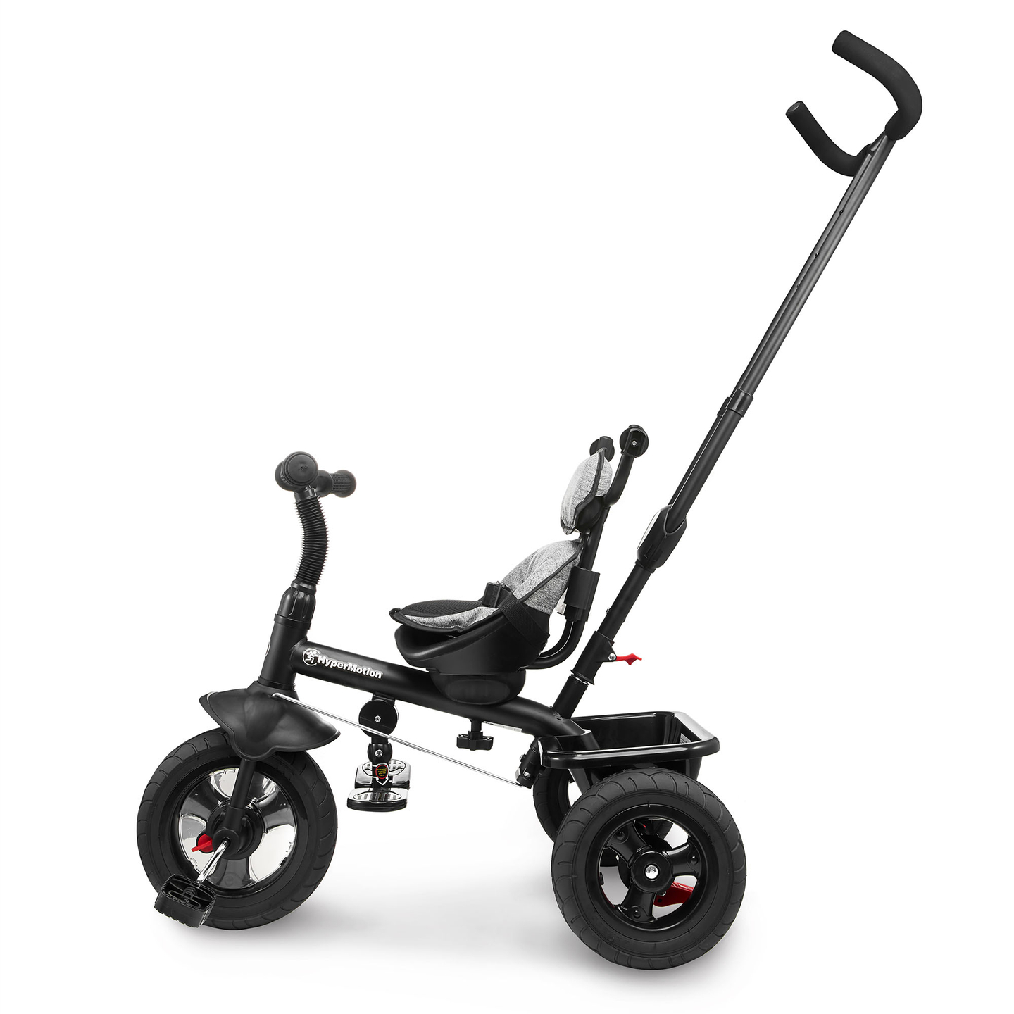 Triratukas 1-4 metų vaikams - TOBI FREY - pilka spalva - pasukamas - pompiniai ratai + stūmiklis