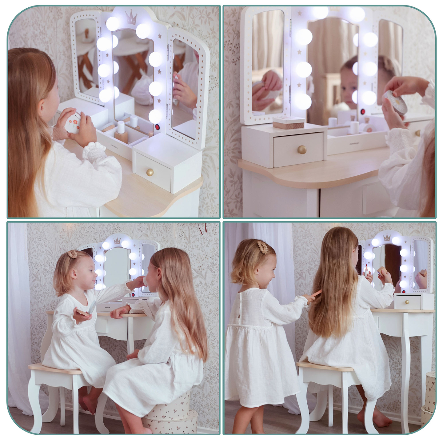 XXL medinis tualetinis staliukas su taburete ir LED apšvietimu vaikams + priedai