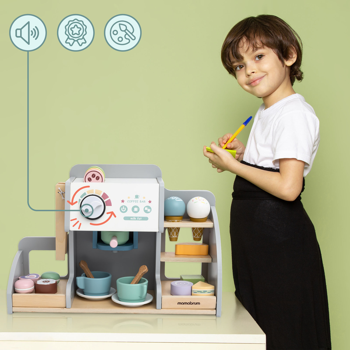 Didelė medinė ledainė su magnetine lenta, kavos aparatu ir ledų bei desertų rinkiniu - daugiau nei 70 detalių!