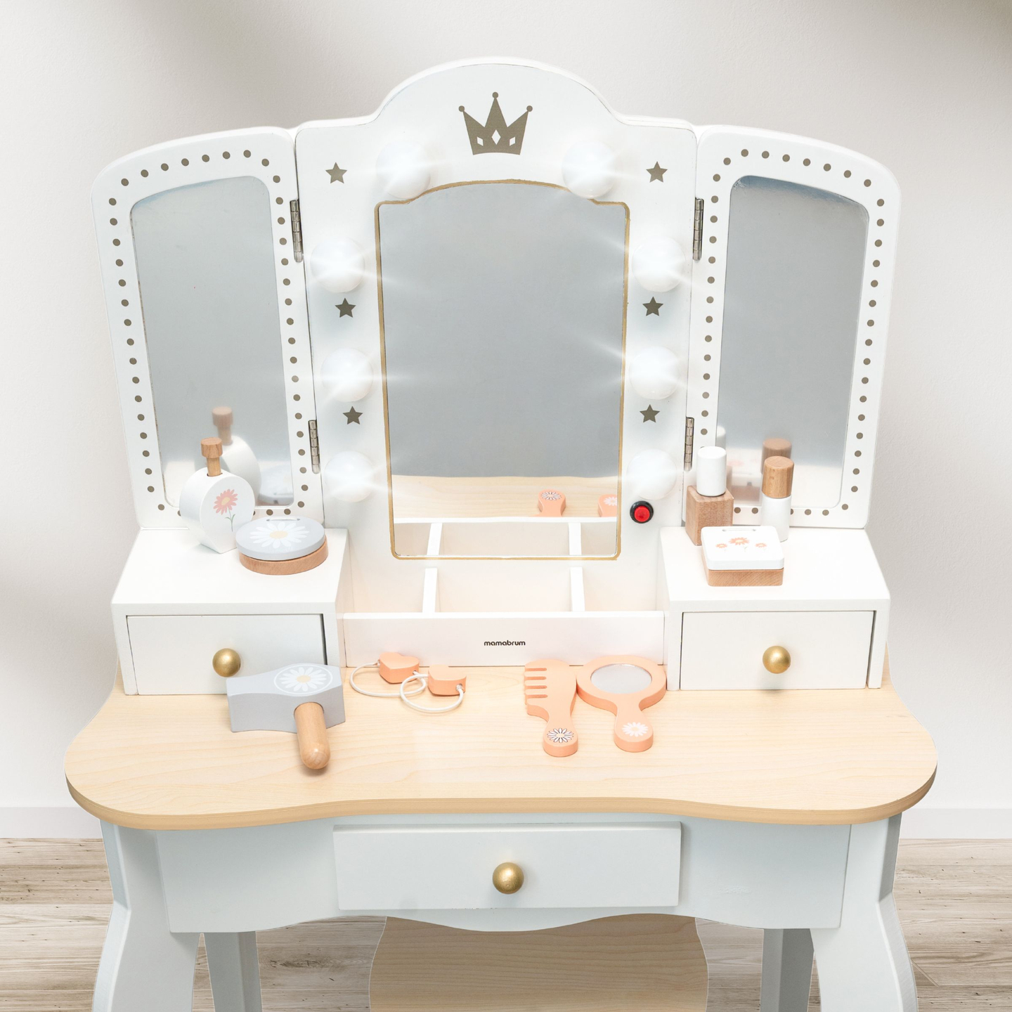 XXL medinis tualetinis staliukas su taburete ir LED apšvietimu vaikams + priedai