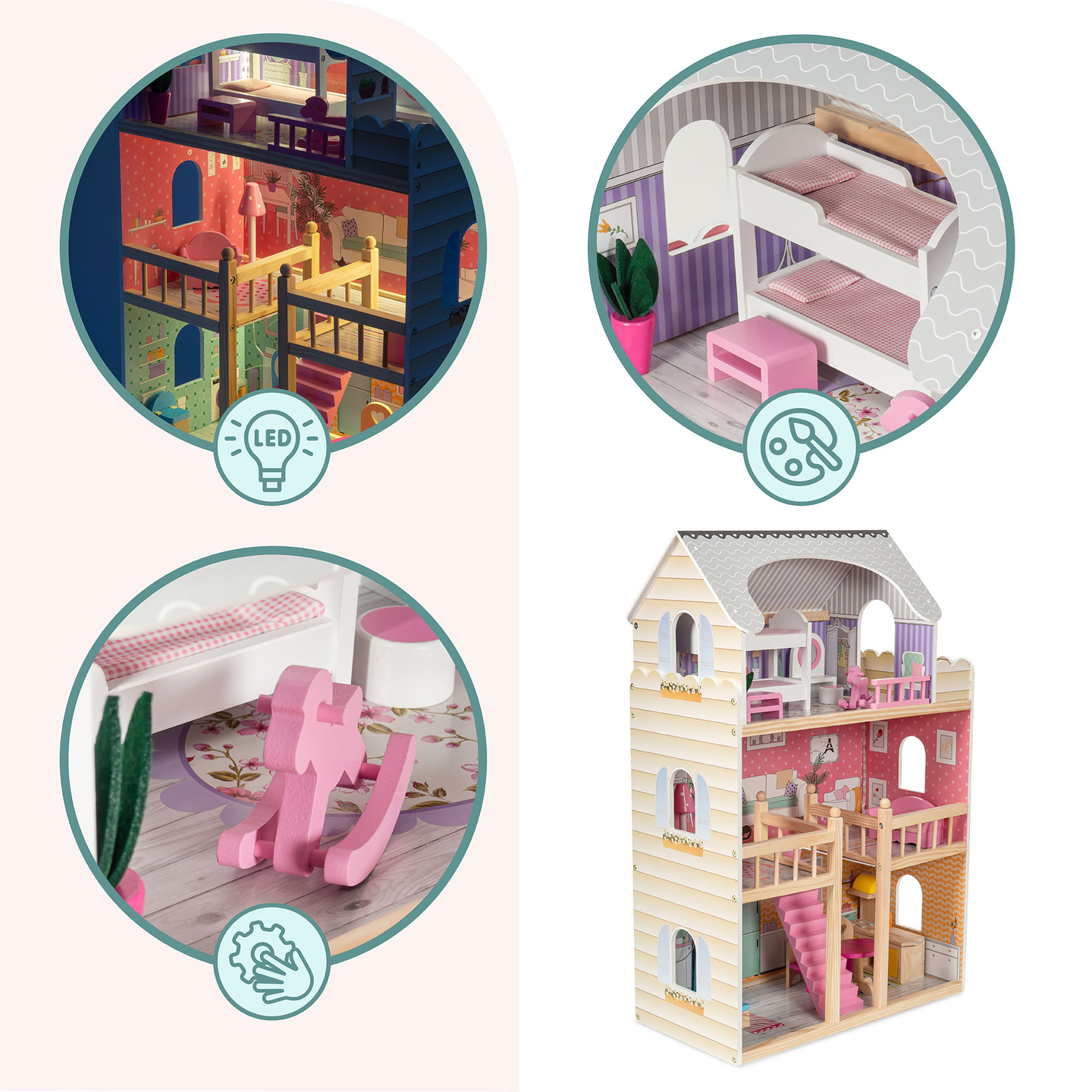 Didelis medinis trijų aukštų lėlių namelis su terasa, baldų komplektu ir LED apšvietimu!
