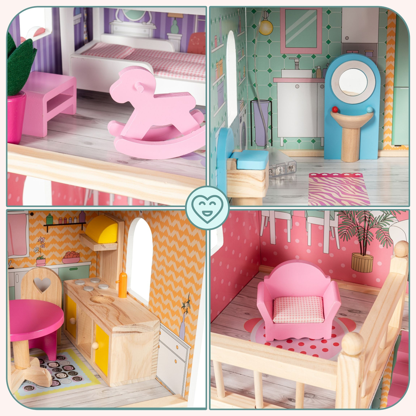 Didelis medinis trijų aukštų lėlių namelis su terasa, baldų komplektu ir LED apšvietimu!