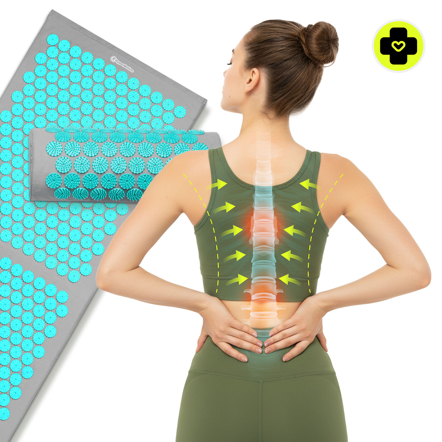 Didelis akupresūros kilimėlis su pagalvėle ir užvalkalu – 130 cm „HyperMotion“ pilkai mėtinis