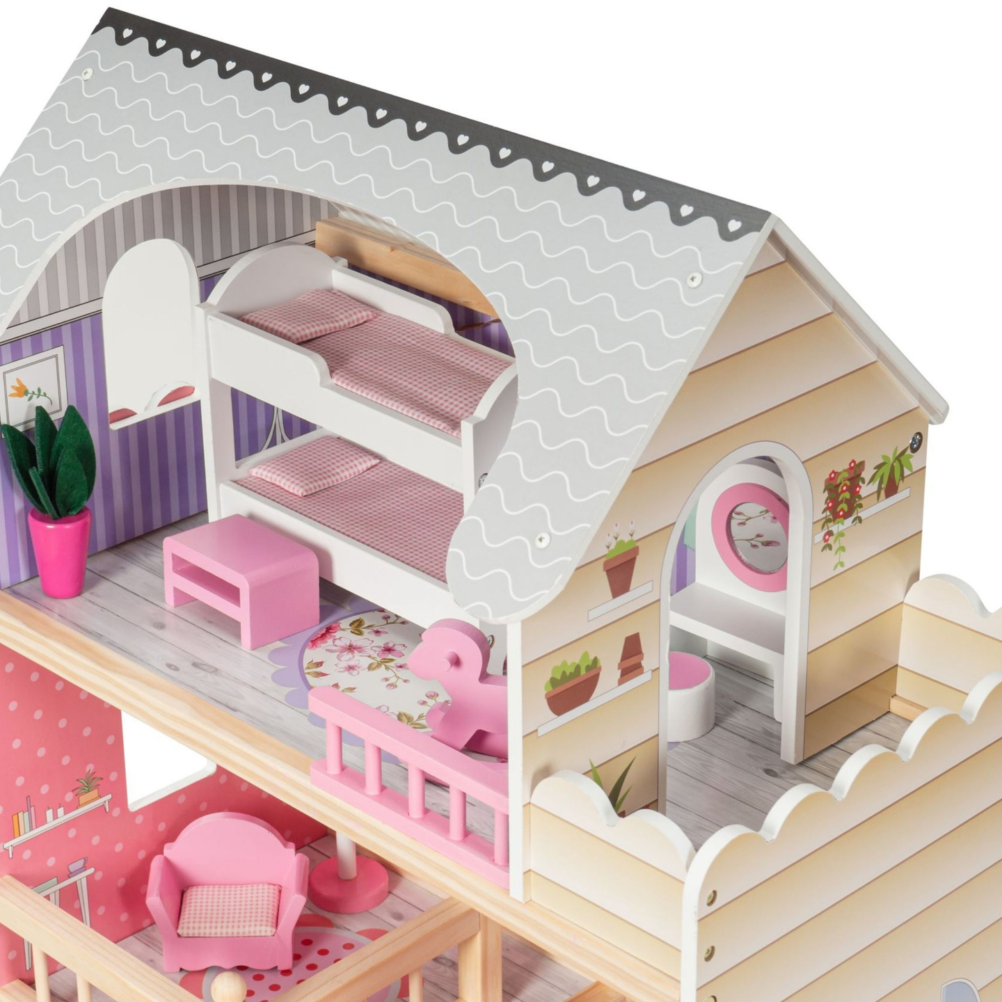 Didelis medinis trijų aukštų lėlių namelis su terasa, baldų komplektu ir LED apšvietimu!