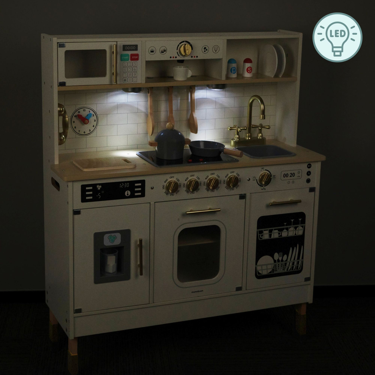 Interaktyvi XXL medinė virtuvė su priedais ir LED apšvietimu – dviejų lygių