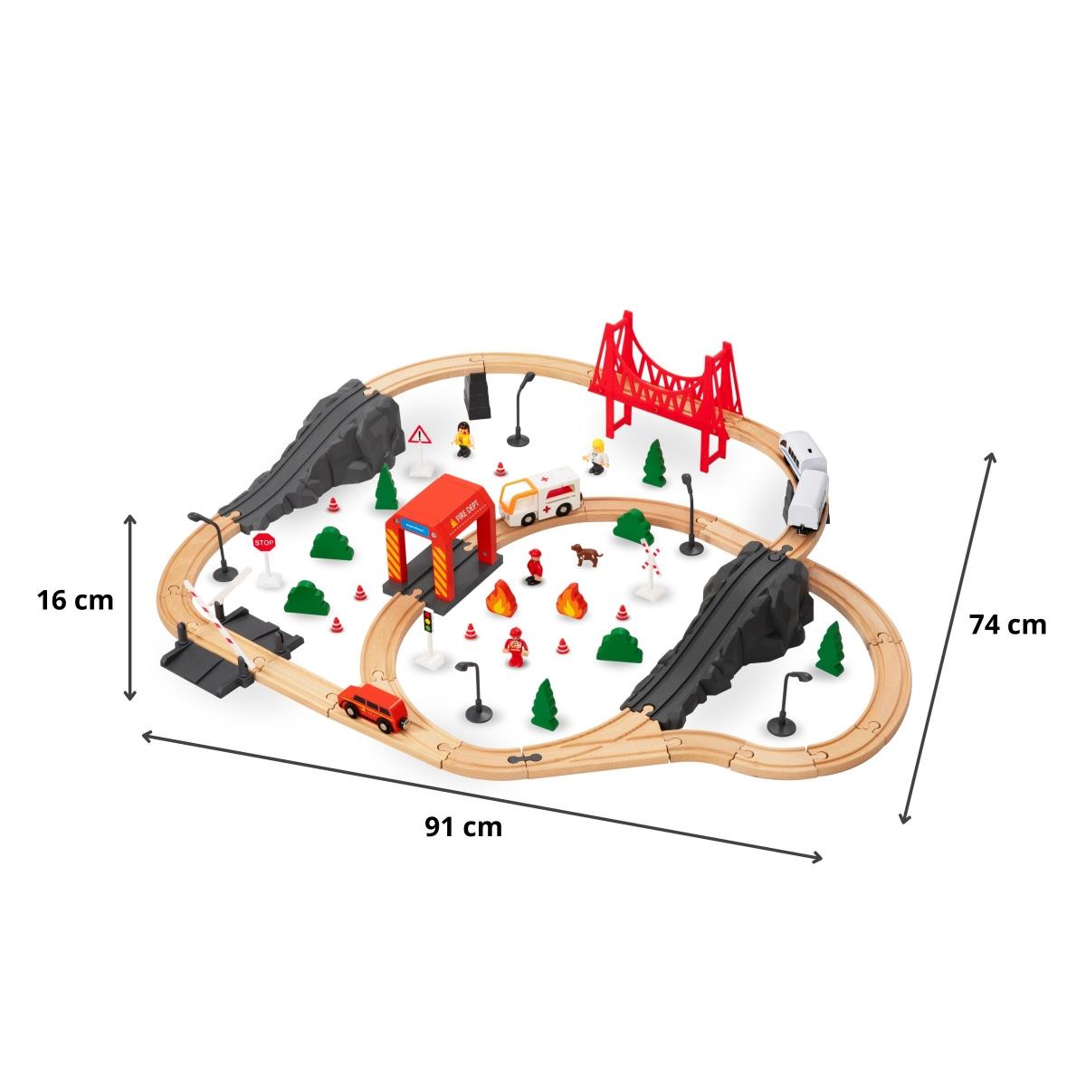 Medinis traukinys, akumuliatorinis traukinys - Ugniagesiai, bėgiai, automobiliai, tiltai, užtvara