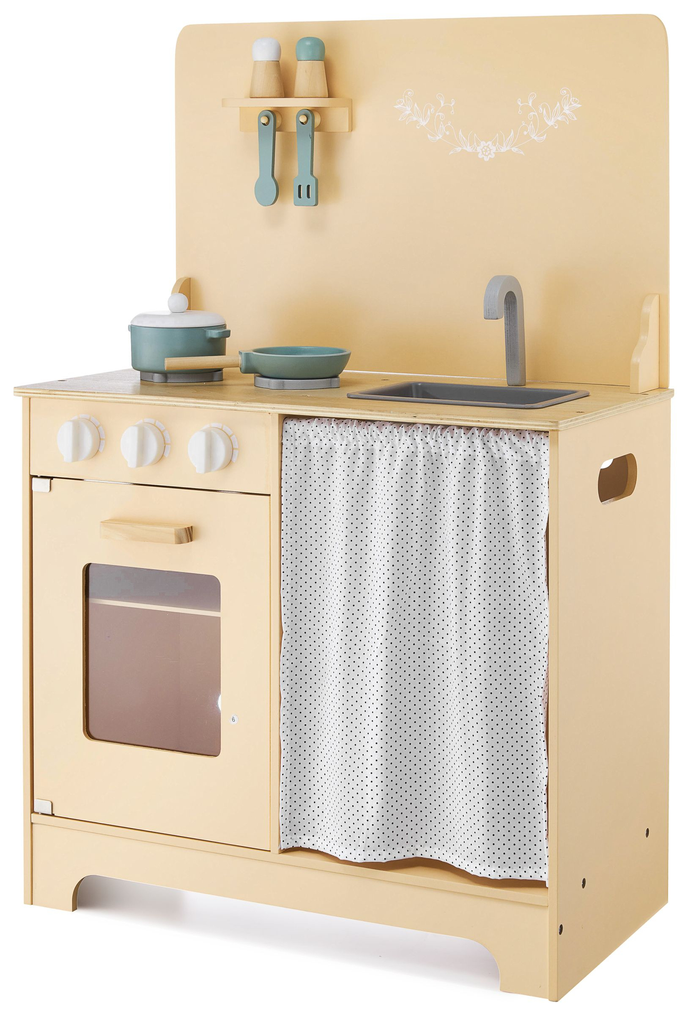 Medinė virtuvė su prijuoste, priedais ir LED apšvietimu