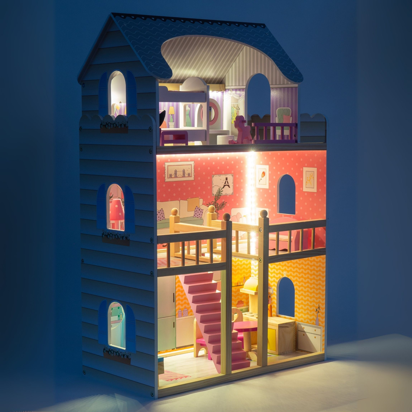 Didelis medinis trijų aukštų lėlių namelis su terasa, baldų komplektu ir LED apšvietimu!