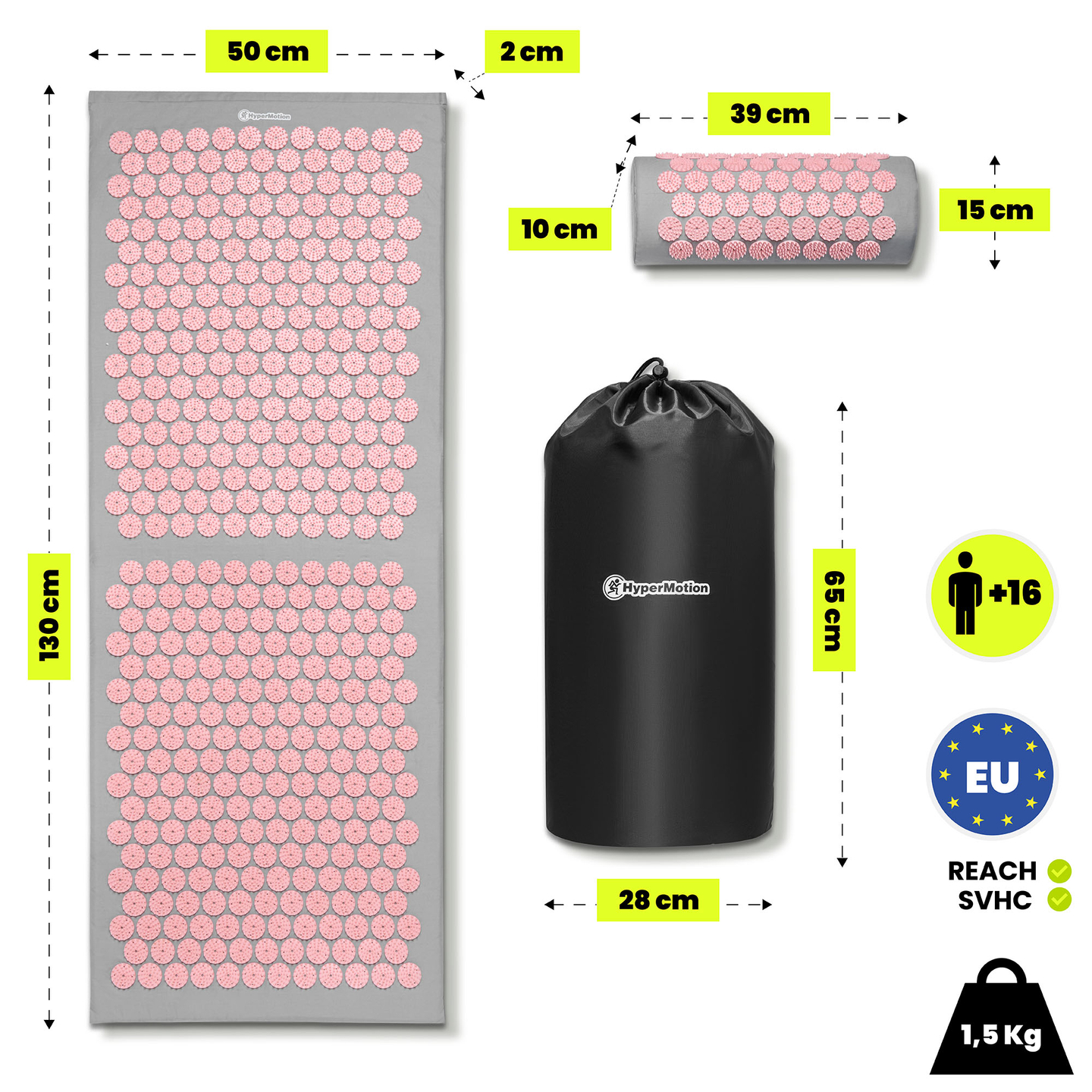 Didelis akupresūros kilimėlis su pagalvėle ir užvalkalu – 130 cm „HyperMotion“ pilkas ir rožinis