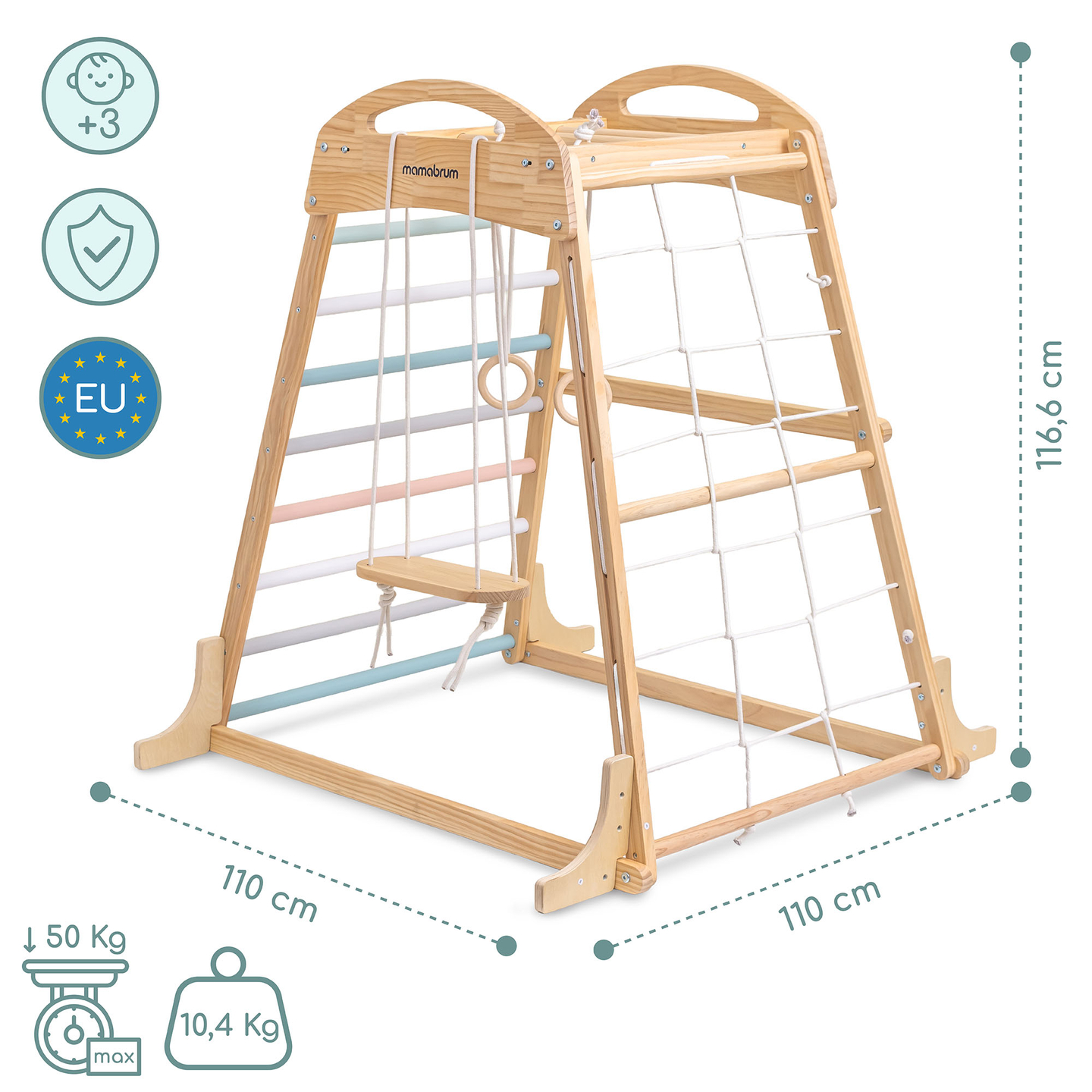 Medinė žaidimų aikštelė viduje su sūpynėmis, gimnastikos žiedais ir laipiojimo tinklu