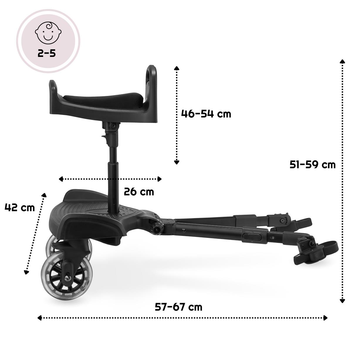 Vaikiško vežimėlio pratęsimas su reguliuojama sėdyne ir universalia tvirtinimo sistema - "Moby-System BUGGY2GO
