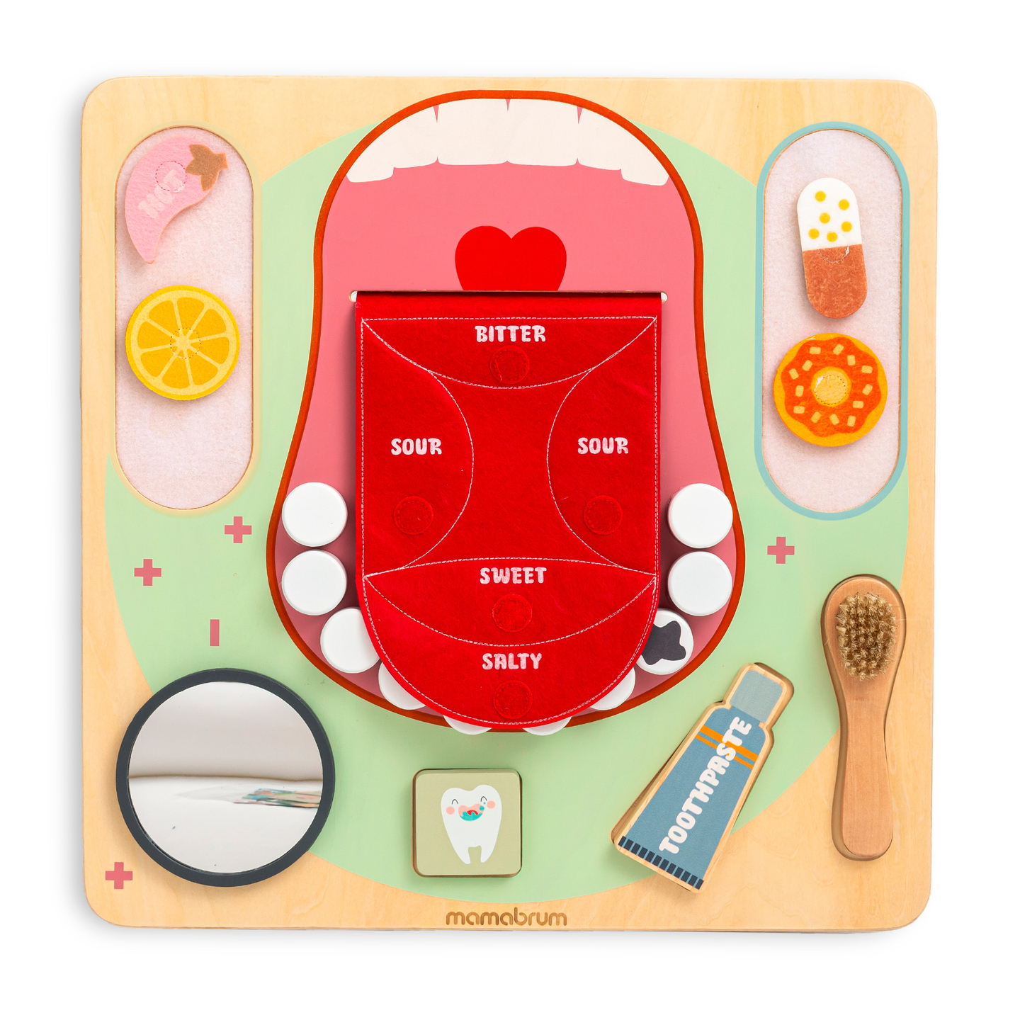 Medinė Montessori edukacinė lenta Mažasis odontologas - dantų šepetėlis, dantų pasta, išimami dantys, veidrodėlis, maistas, mokymosi skoniai