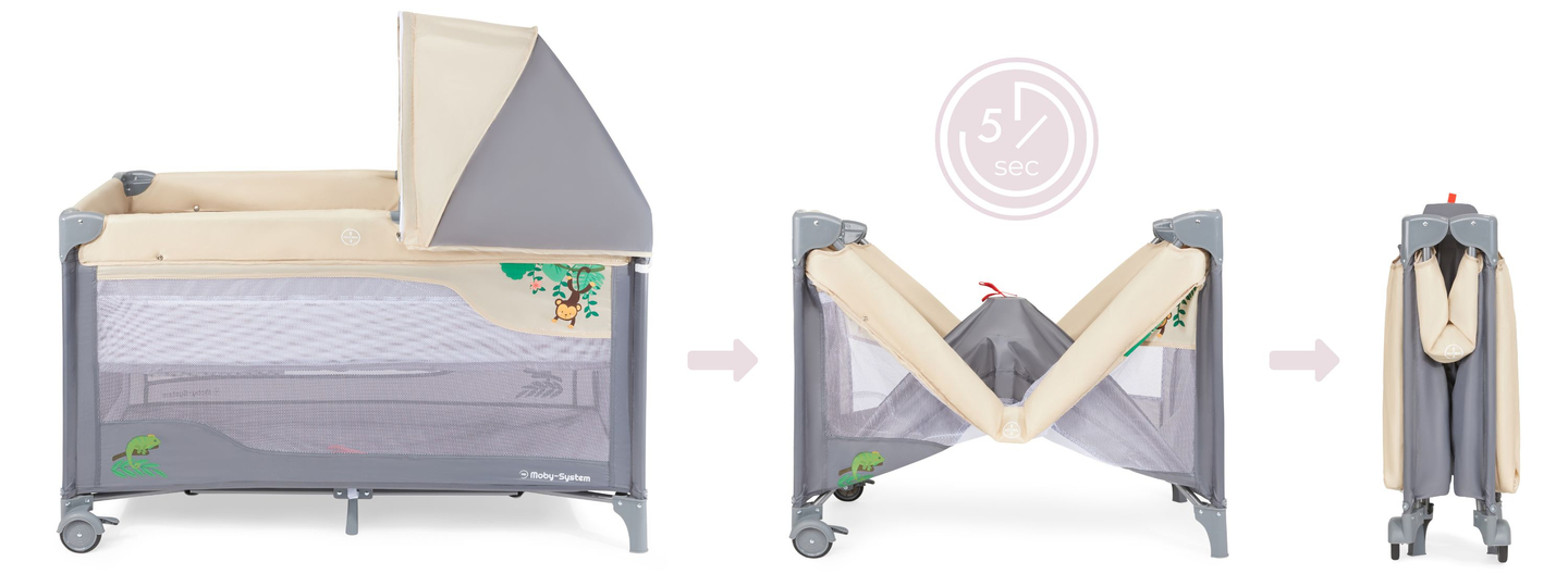 Kelioninė lovelė 0 - 36 m su persirengimo stalu + Moby-System HUXLEY maniežas