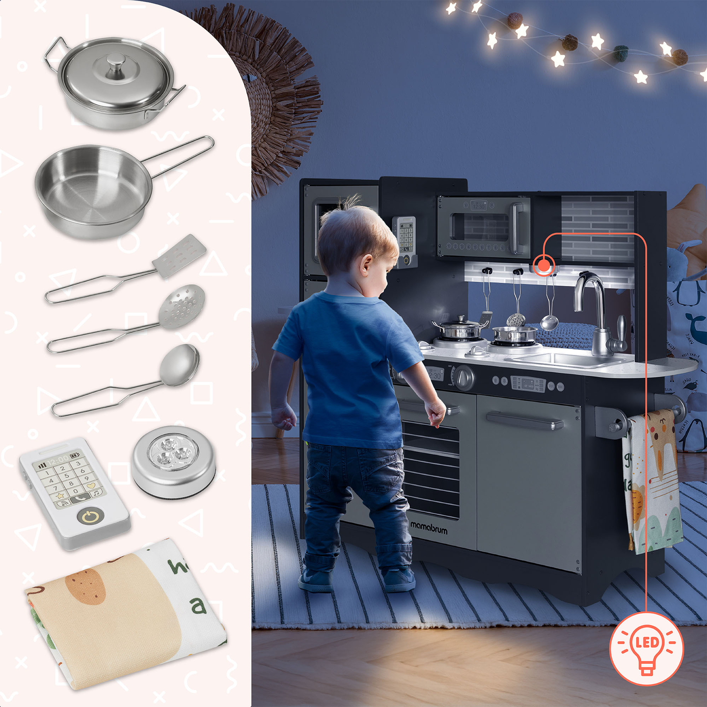 XXL medinė virtuvė su LED apšvietimu, prijuoste ir priedais