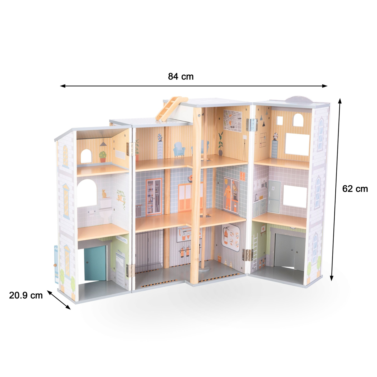 Didelė sulankstoma gaisrinė su policijos nuovada - medinis rinkinys. Gaisrinė ir policijos nuovada su priedais.