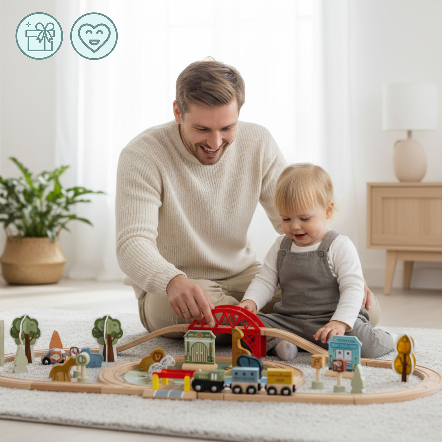 Medinis zoologijos sodo traukinukas – dėlionė, traukinukas, bėgiai, gyvūnai, tiltas, barjeras