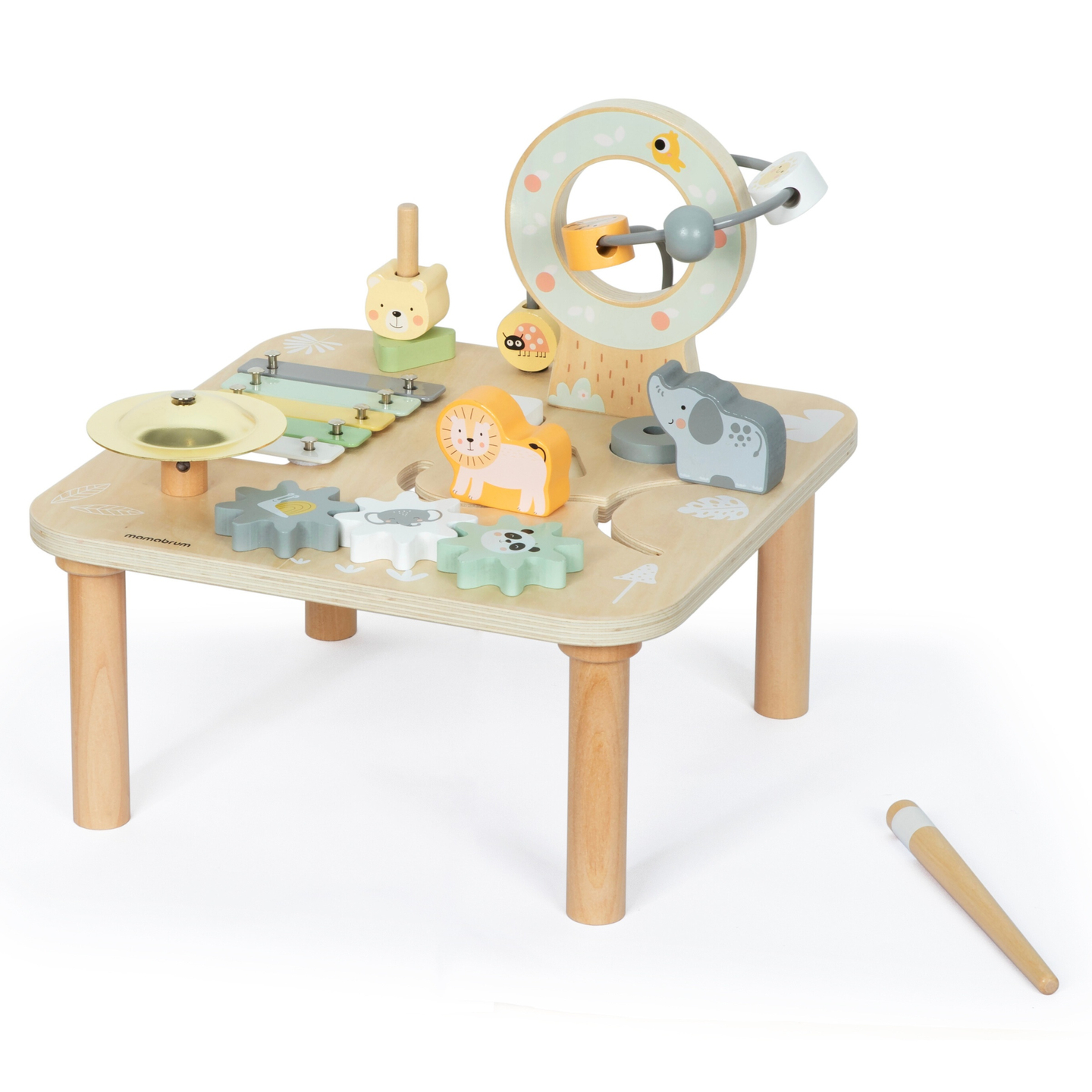 Medinis edukacinis 7 viename muzikinis stalas su cimbolais ir gongu – laukinės džiunglės