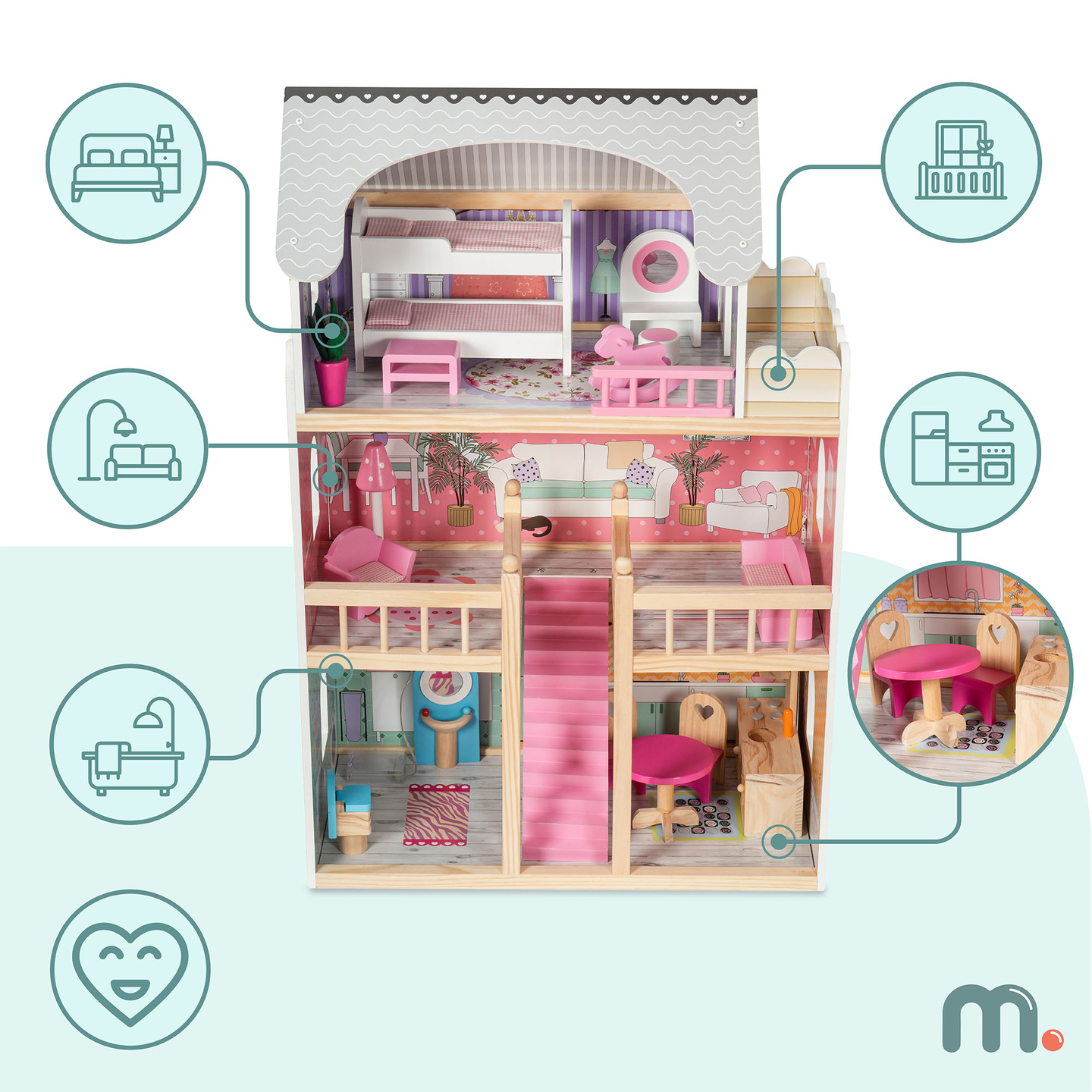 Didelis medinis trijų aukštų lėlių namelis su terasa, baldų komplektu ir LED apšvietimu!