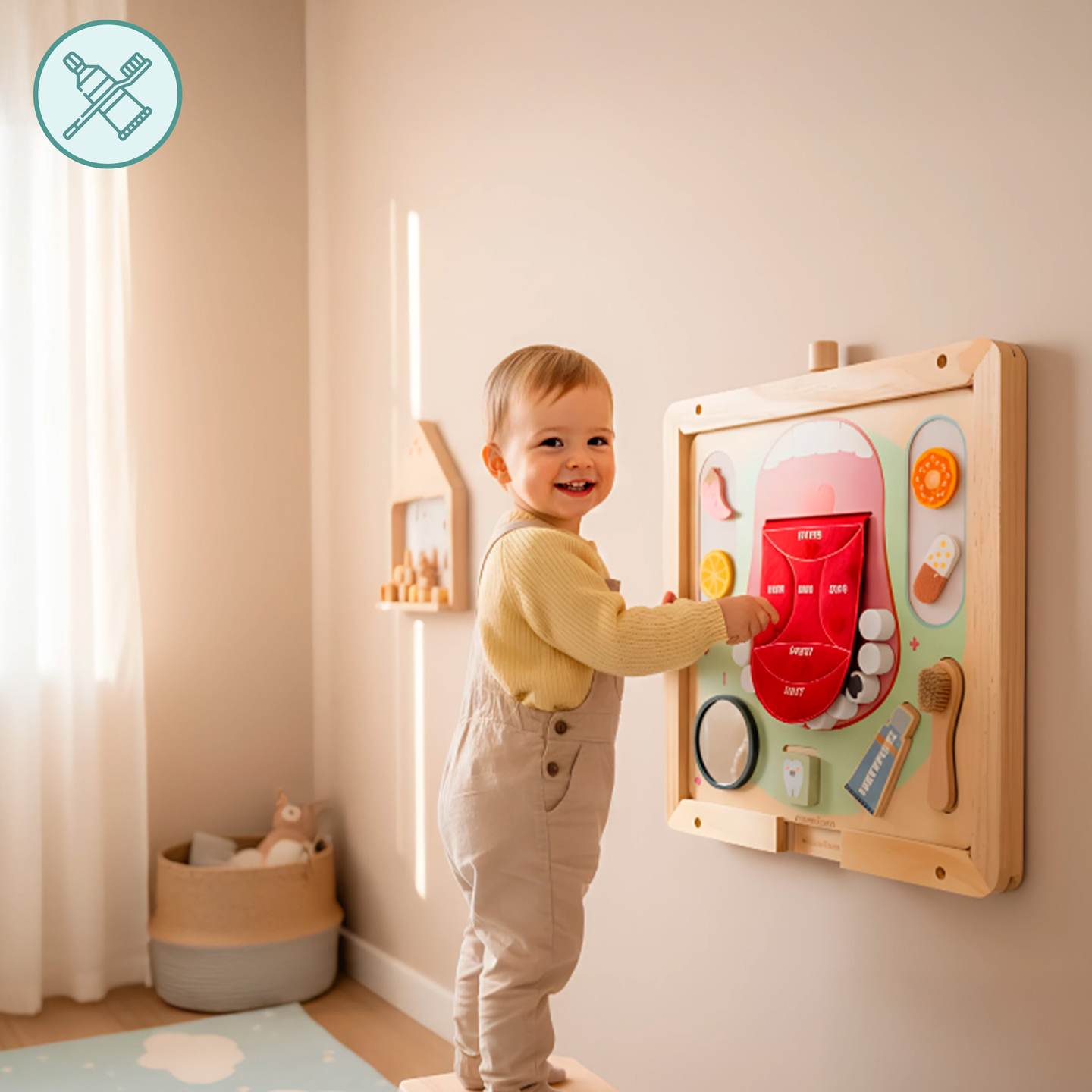 Medinė Montessori edukacinė lenta Mažasis odontologas - dantų šepetėlis, dantų pasta, išimami dantys, veidrodėlis, maistas, mokymosi skoniai