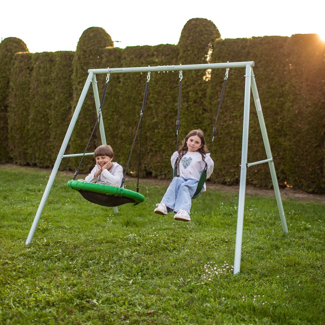 Dvigubos sodo sūpynės su karkasu ir virvėmis - sėdyne ir gandralizdžiu